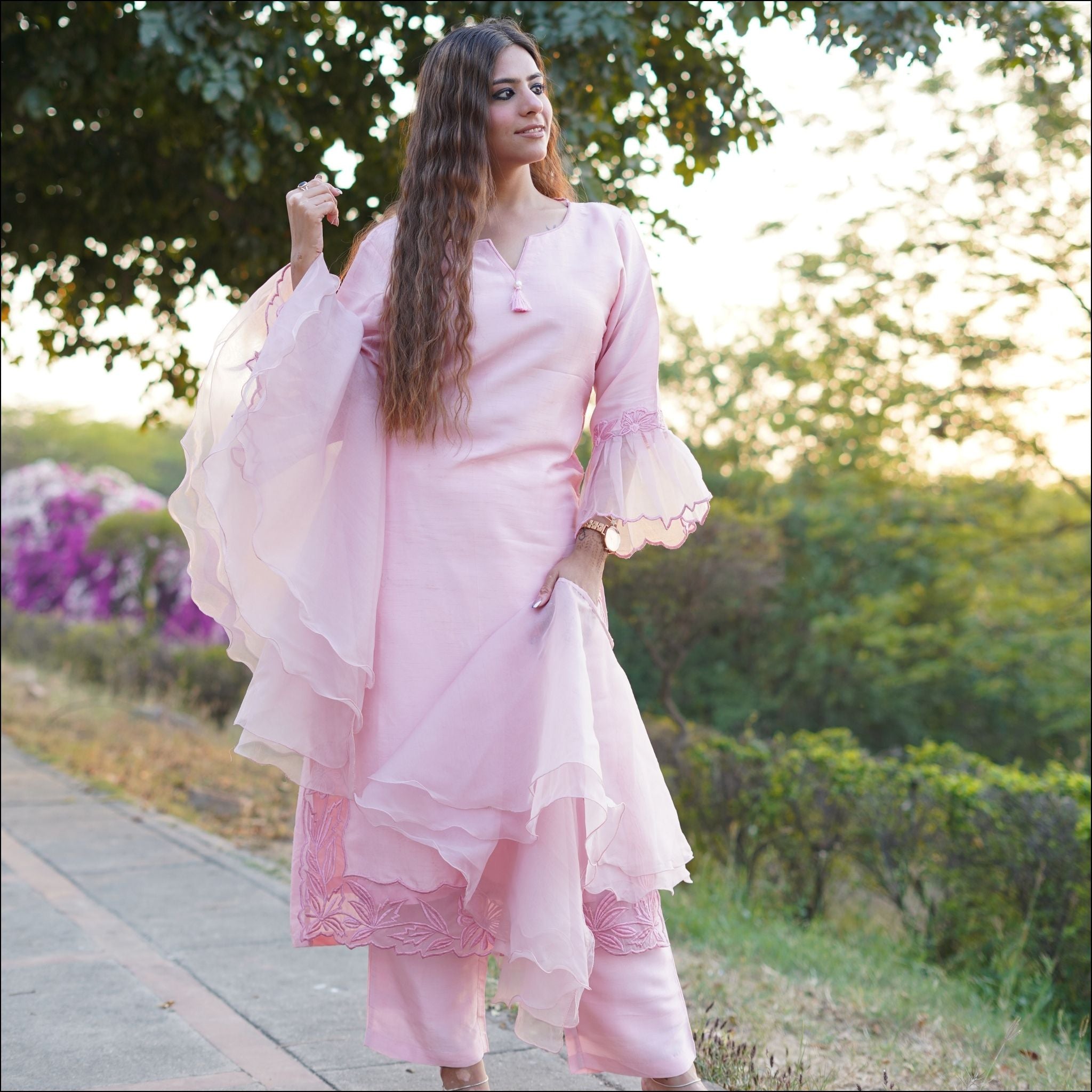 Dupion Silk Kurti Pant Set with Embroidered Organza Sleeves & Ruffled Dupatta
