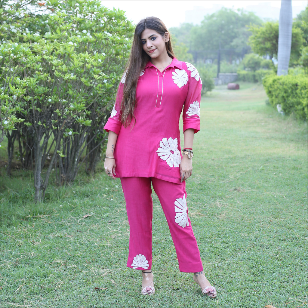 Hot Pink Cotton Co-ord Set Embroidered & Pearl Work