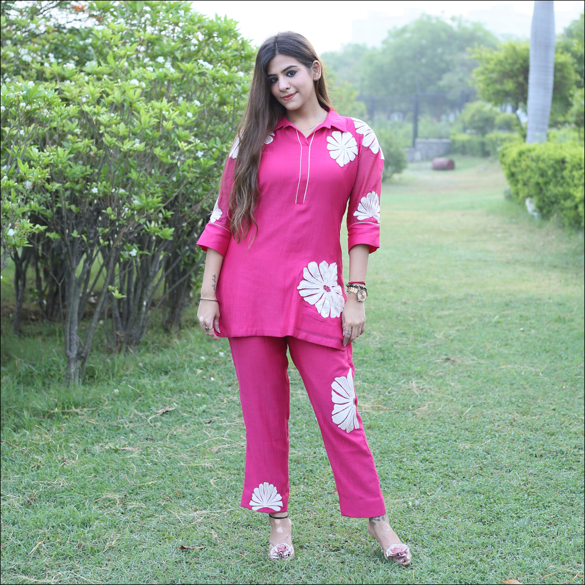 Hot Pink Cotton Co-ord Set Embroidered & Pearl Work