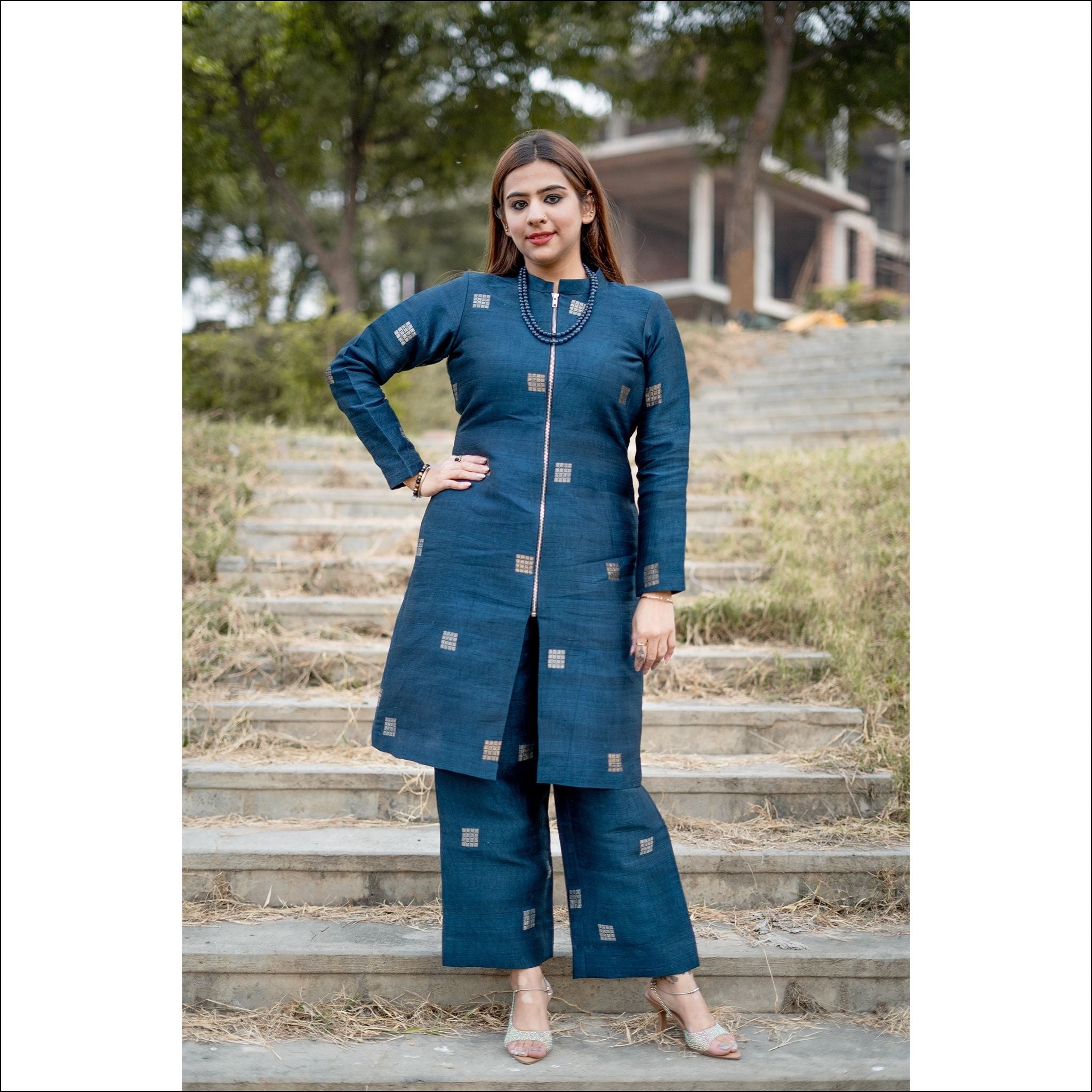 Indigo Blue Silk Short Kurti with Silver Zari Weaving & Wide-Leg Pants