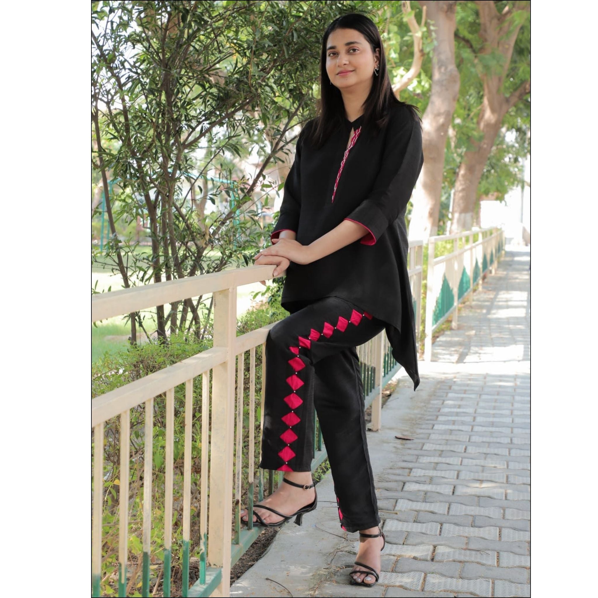 Black Dupian Silk Co-ord Set with Temple Cut Top & Pearl Detailing