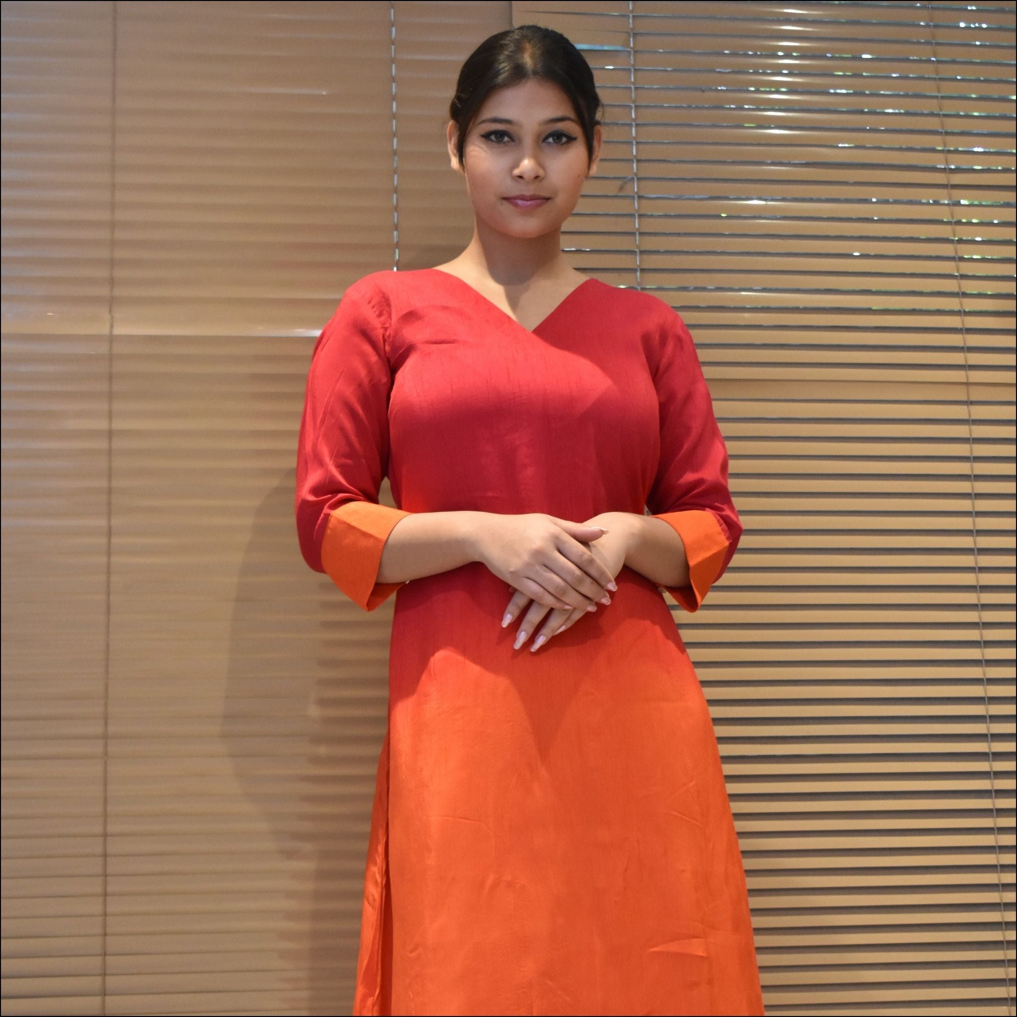 Ombre V-Neck Dress with Belt & Stylish Button Detailing