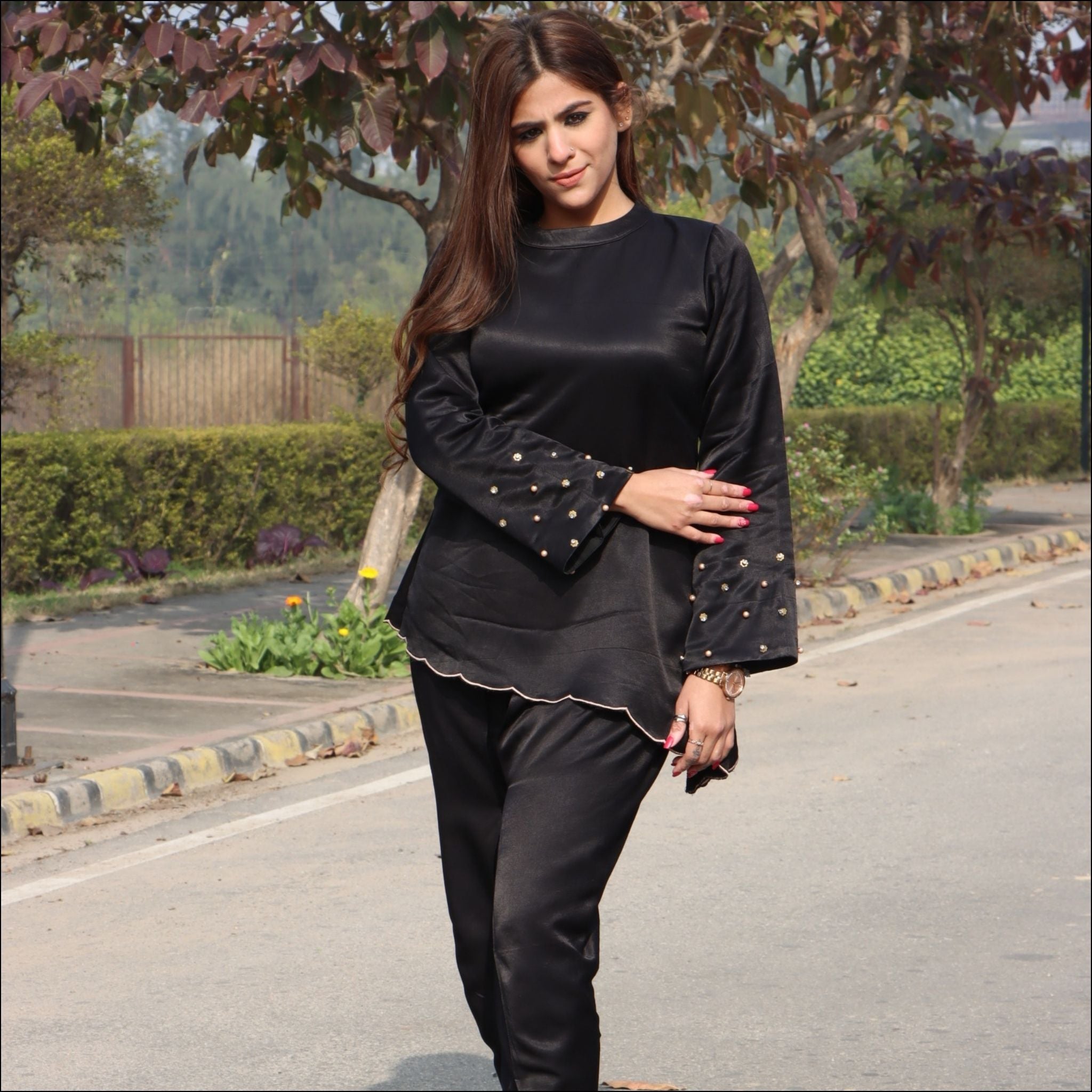 Black Mushroo Winter Co-ord Set with Pearl Embellished Bell Sleeves
