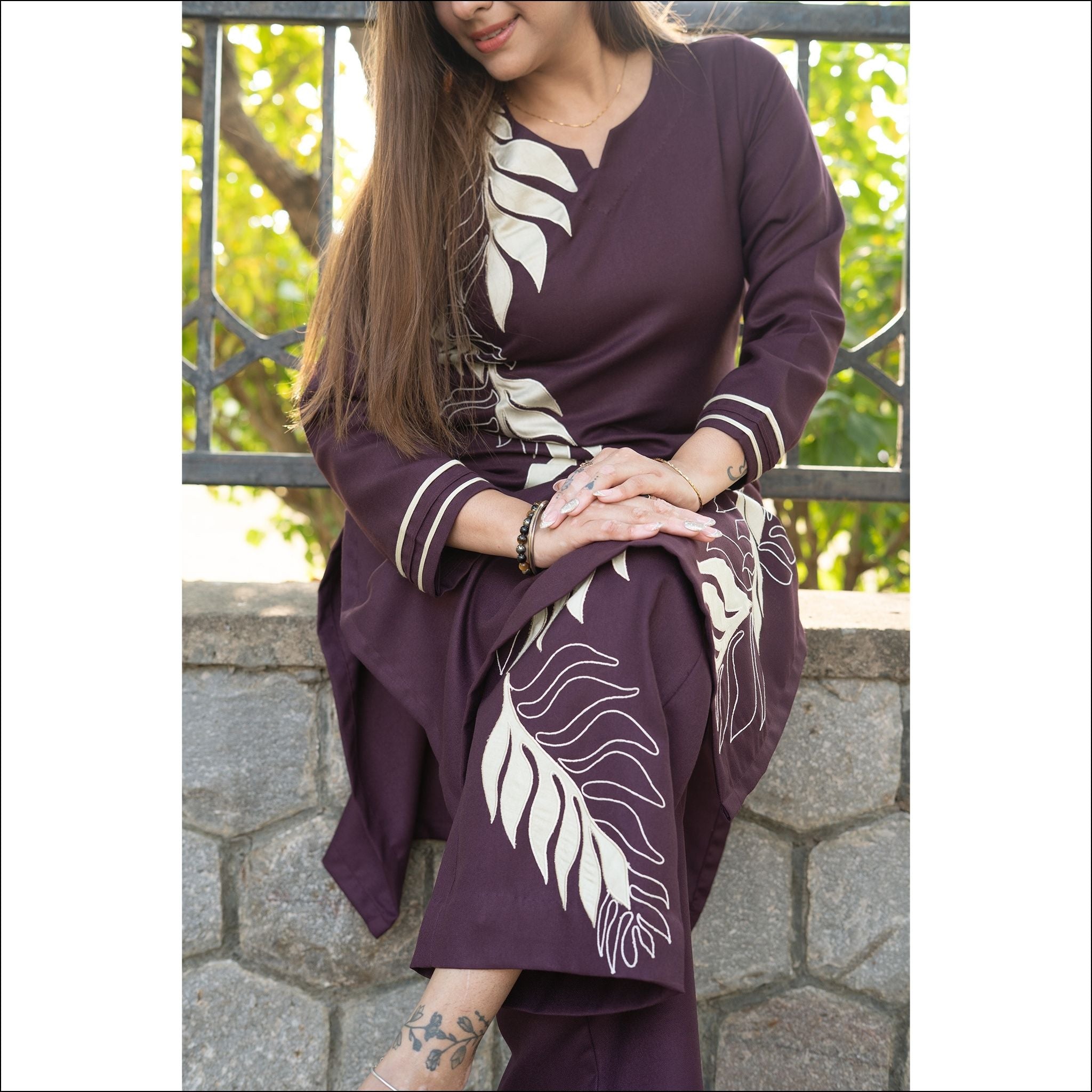 Wine Spun Kurti Pant Set with Applique Work & Pleated Sleeves
