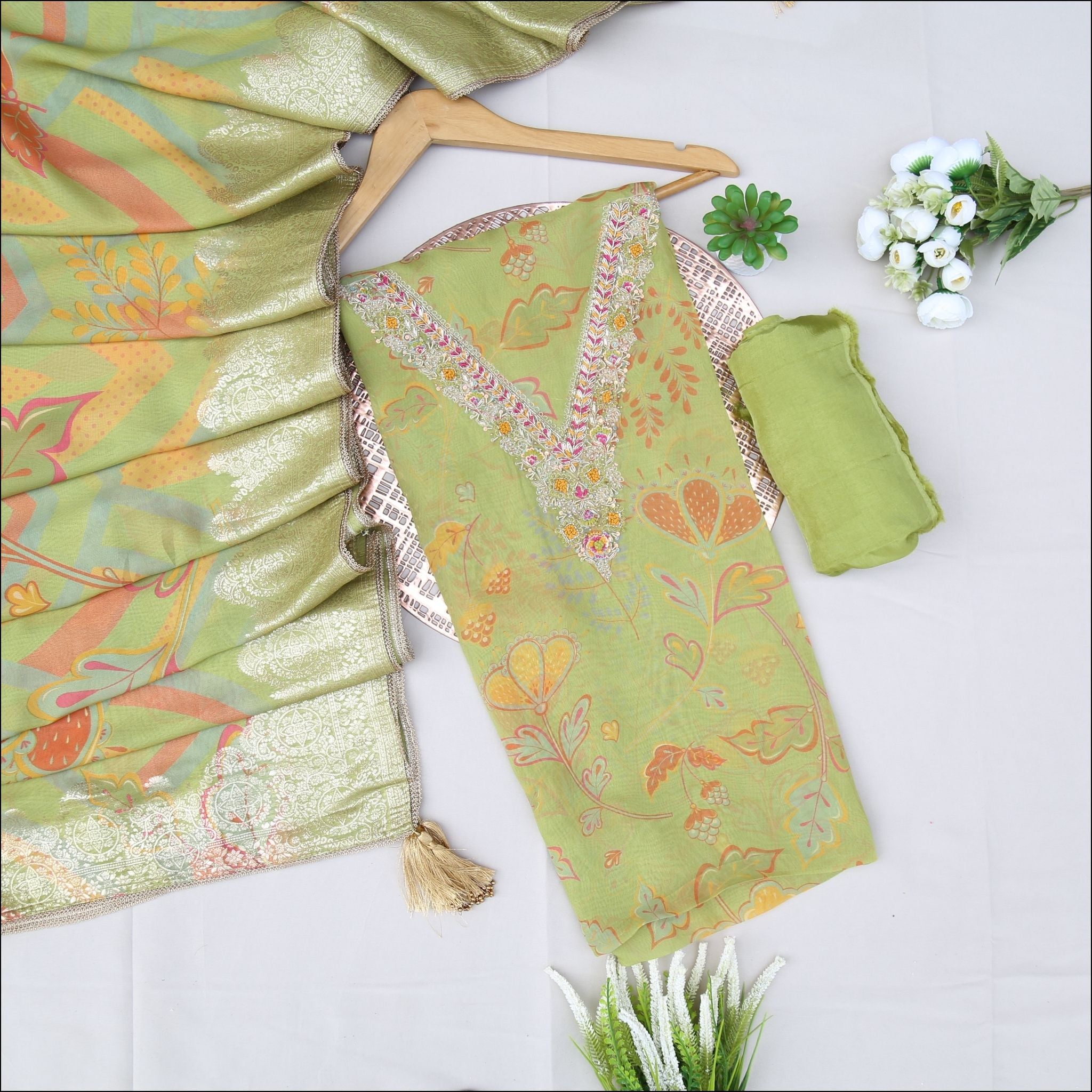 Digital Print Georgette with Embroidered Yoke & Zari Dupatta