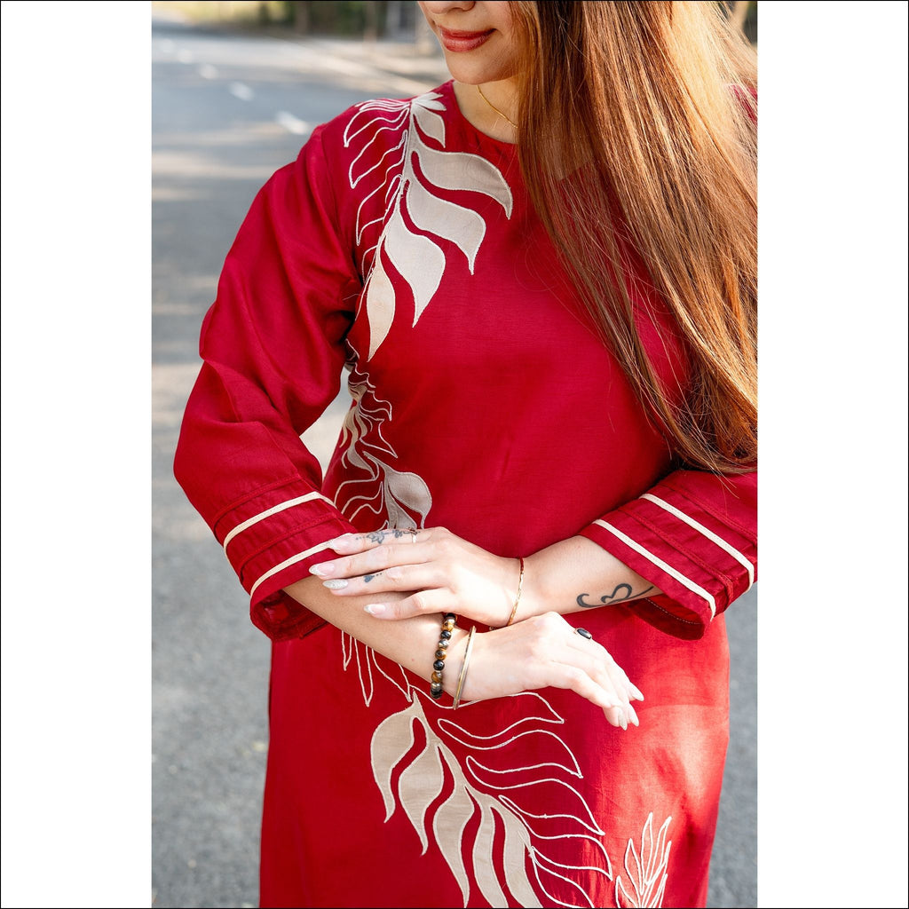 Red Black Dupian Silk Kurti Pant Set with Applique Work