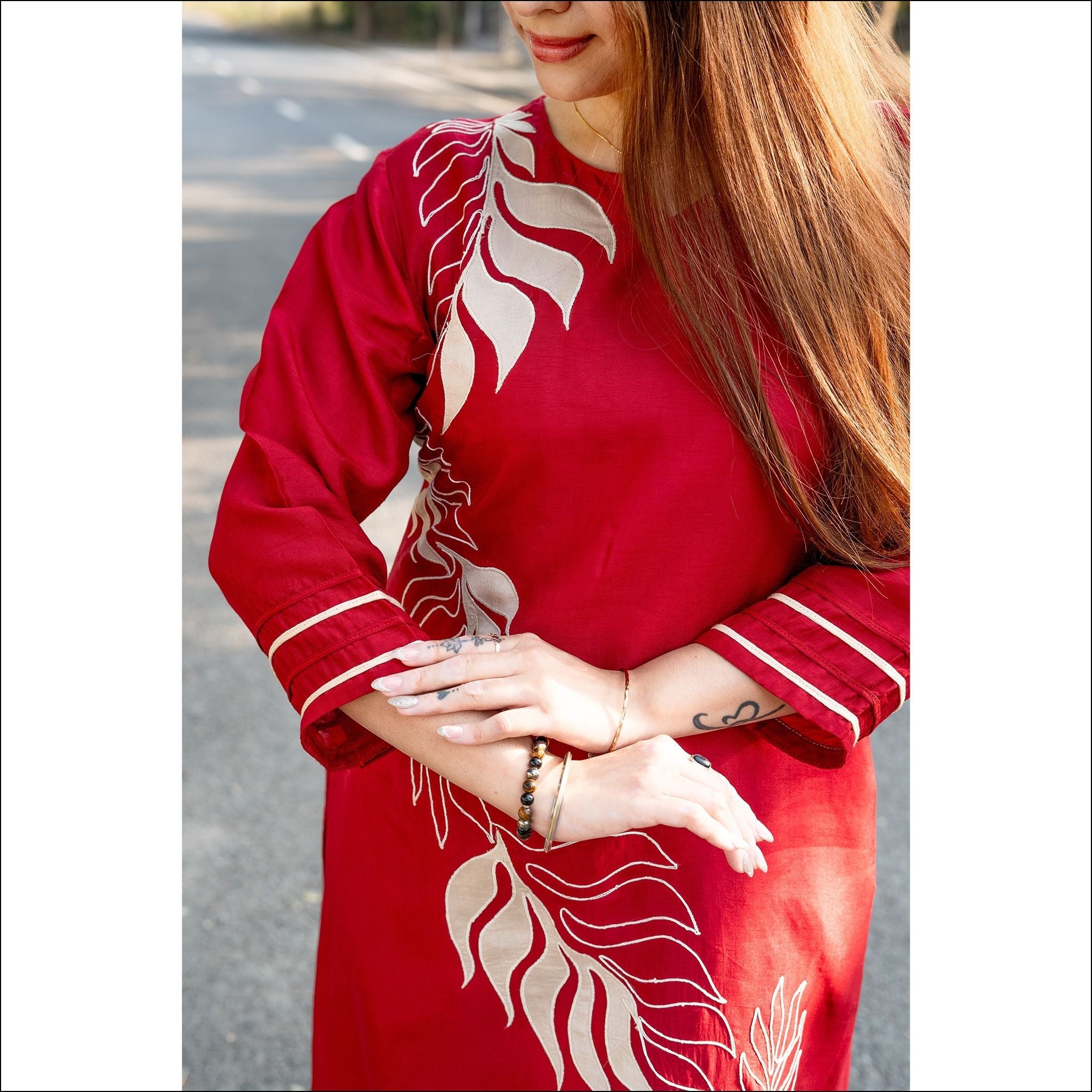 Red Black Dupian Silk Kurti Pant Set with Applique Work
