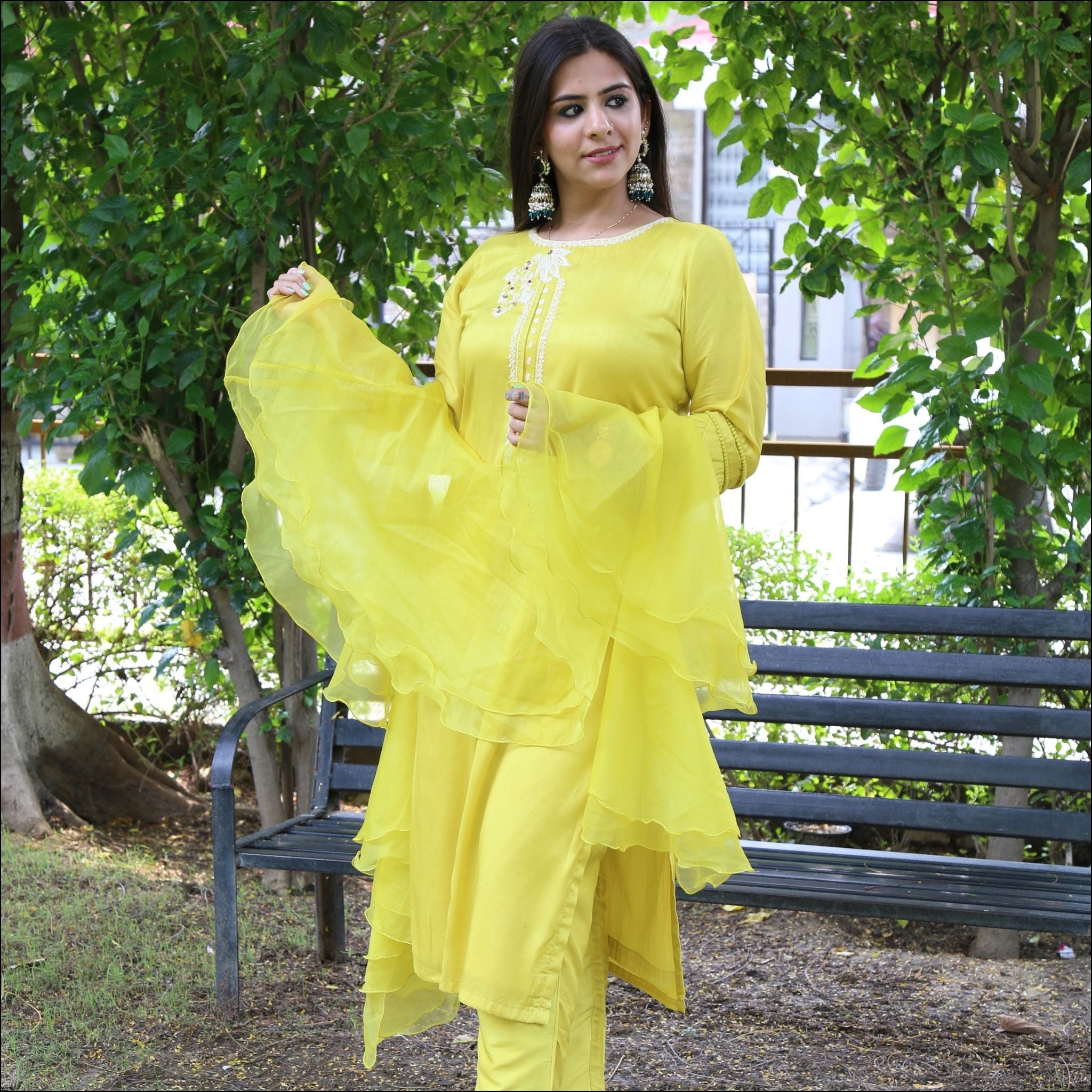 Boat Neck Kurti Pant Set with Dori Embroidery & Ruffled Dupatta