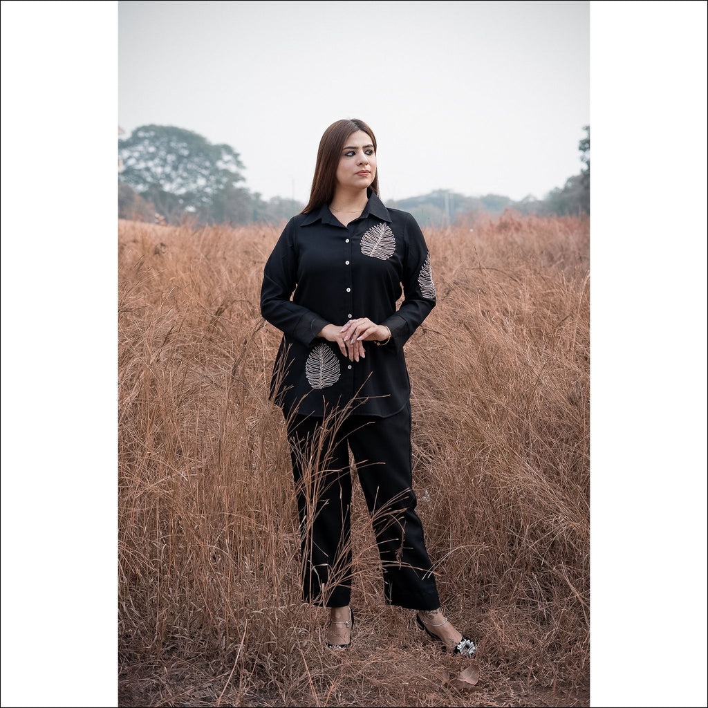 Black Spun Co-ord Set with Dori Leaf Work & Organza Sleeve Detail