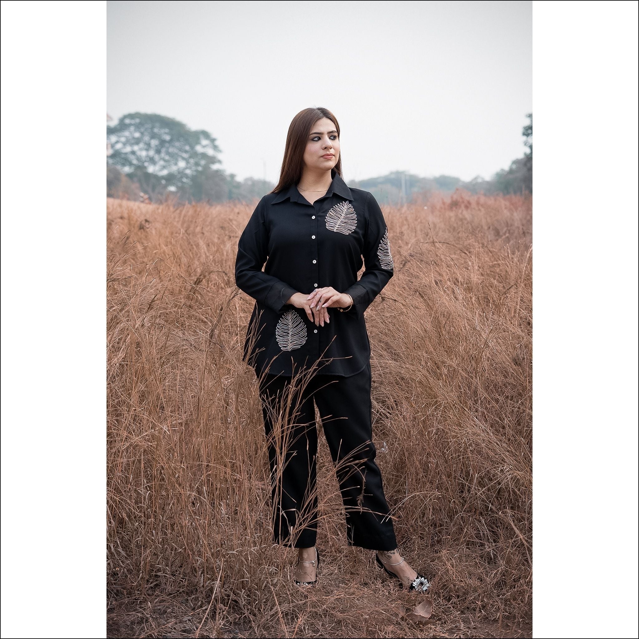 Black Spun Co-ord Set with Dori Leaf Work & Organza Sleeve Detail