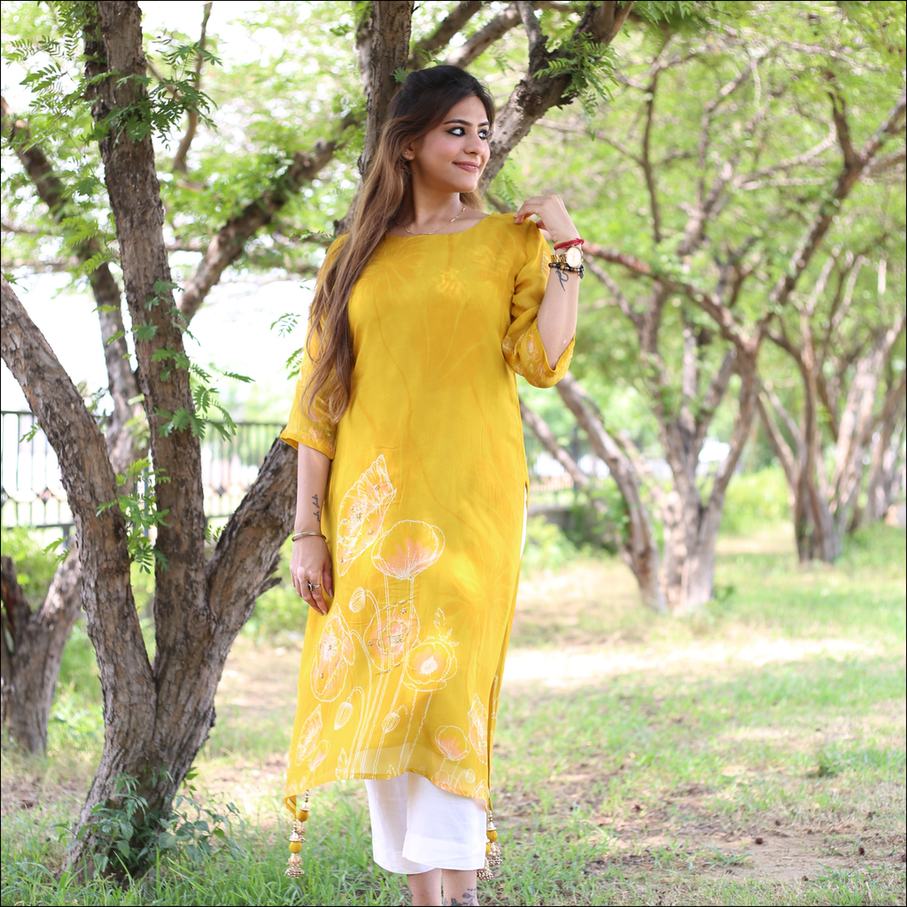 Yellow Organza Kurti with Handwork & Tassel Detailing
