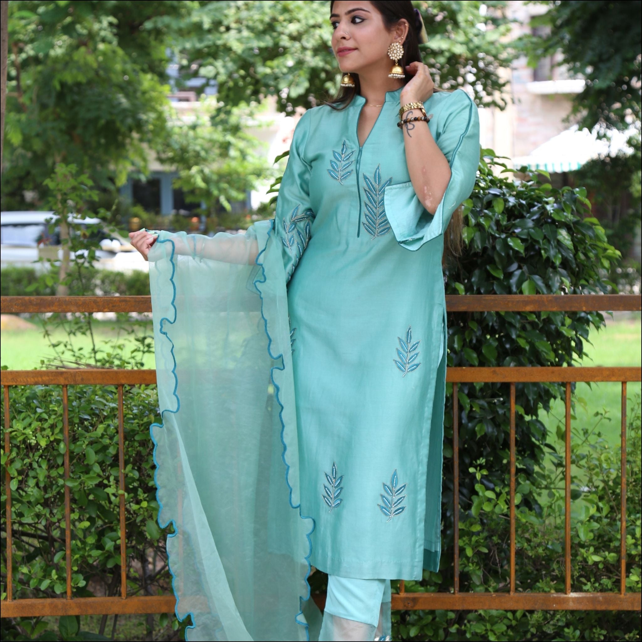 Chinese Collar V-Neck Suit with Pearl Embroidery & Organza Dupatta