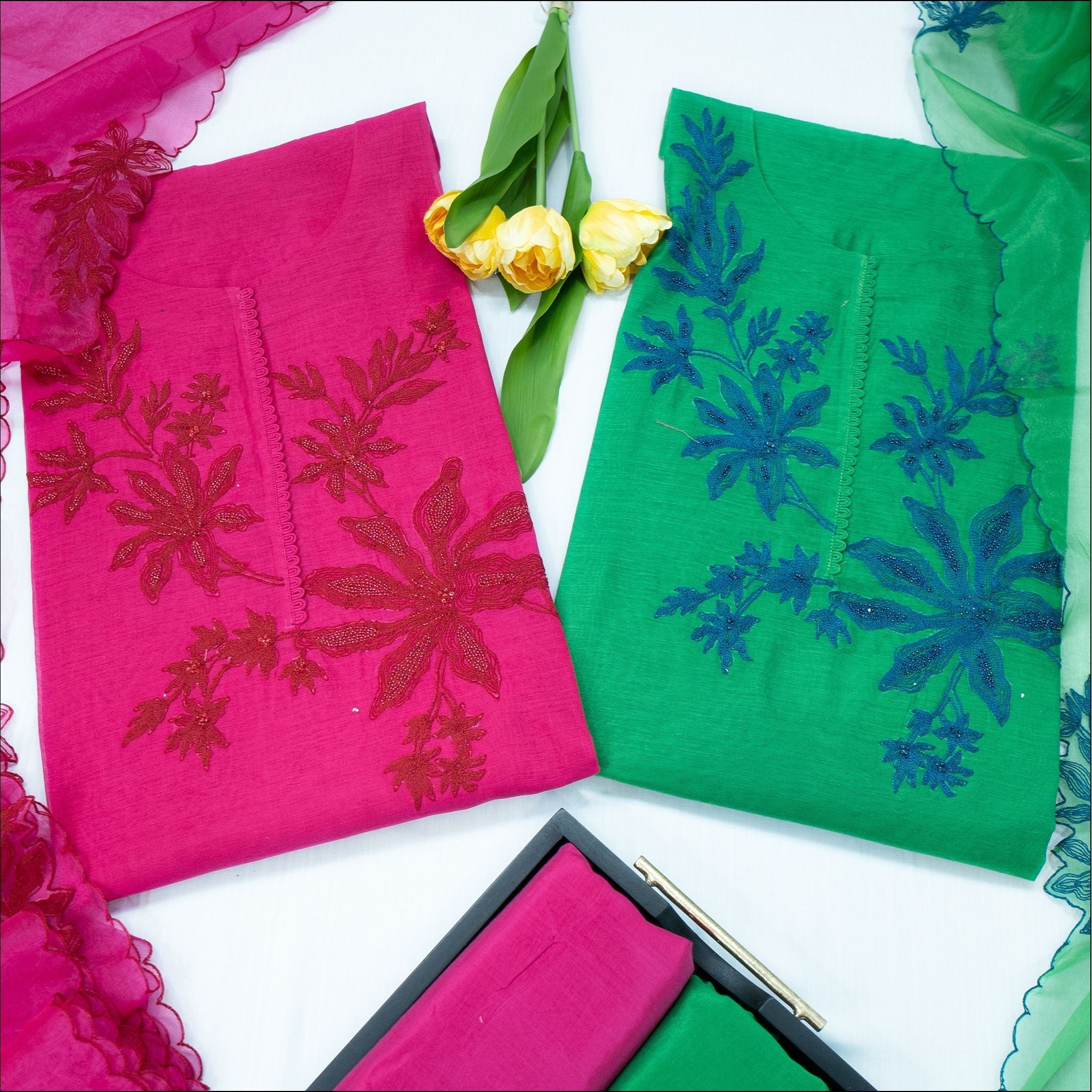 Pink Green Chanderi Silk Unstitched Suit Set with Hand Work & Organza Dupatta