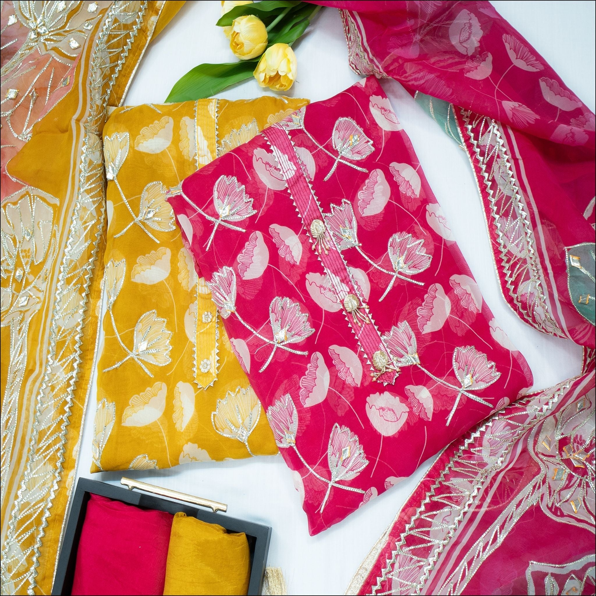 Pink Yellow Organza Unstitched Suit Set with Gotta Patti Work