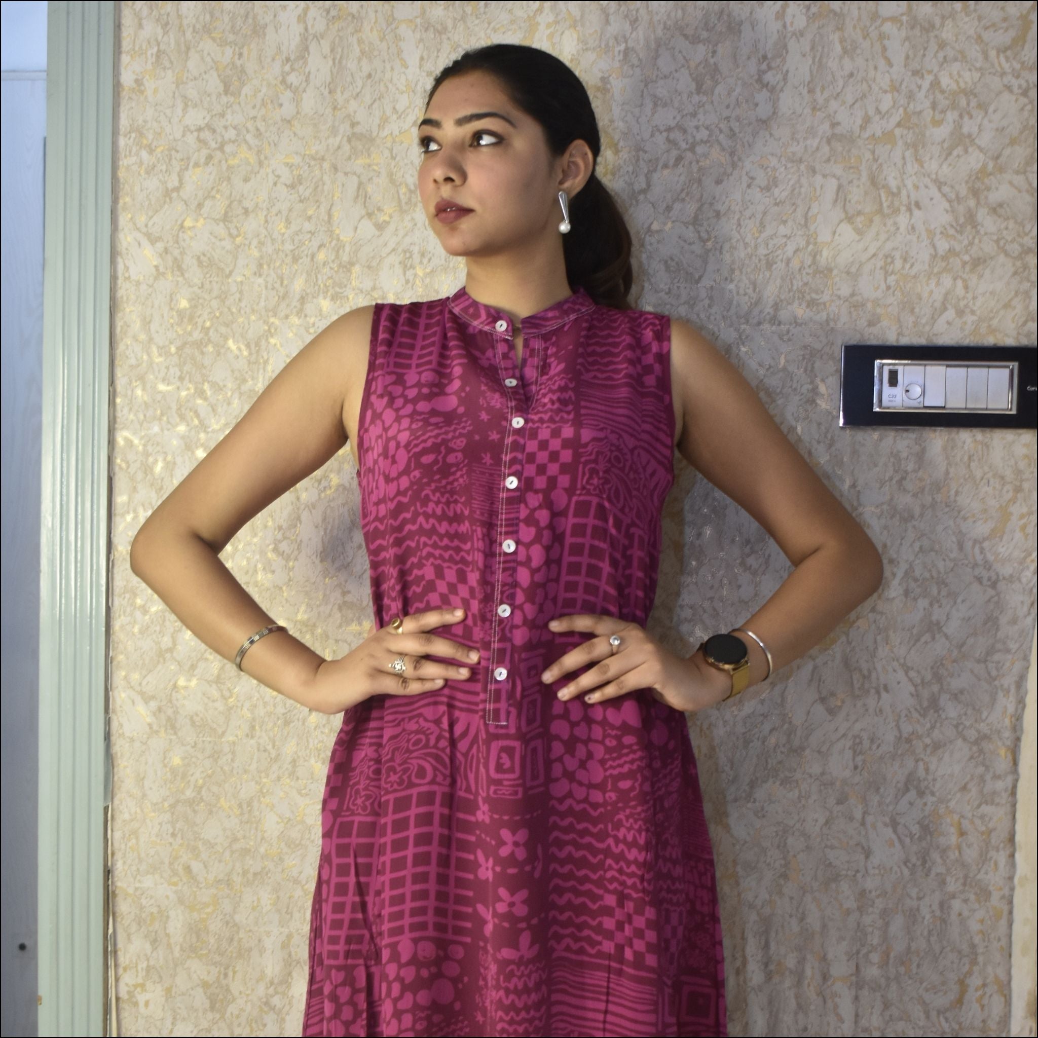 Pink & Blue Muslin A-Line Dress with Lining