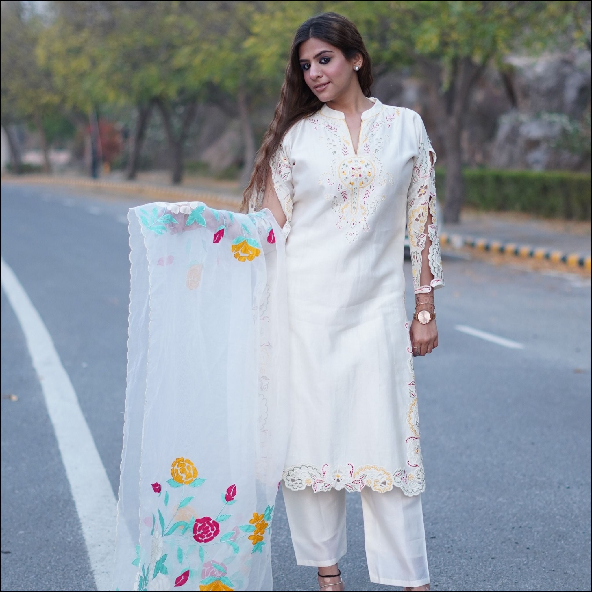 Off-White Cotton Chanderi Suit Set with Embroidered Organza Dupatta