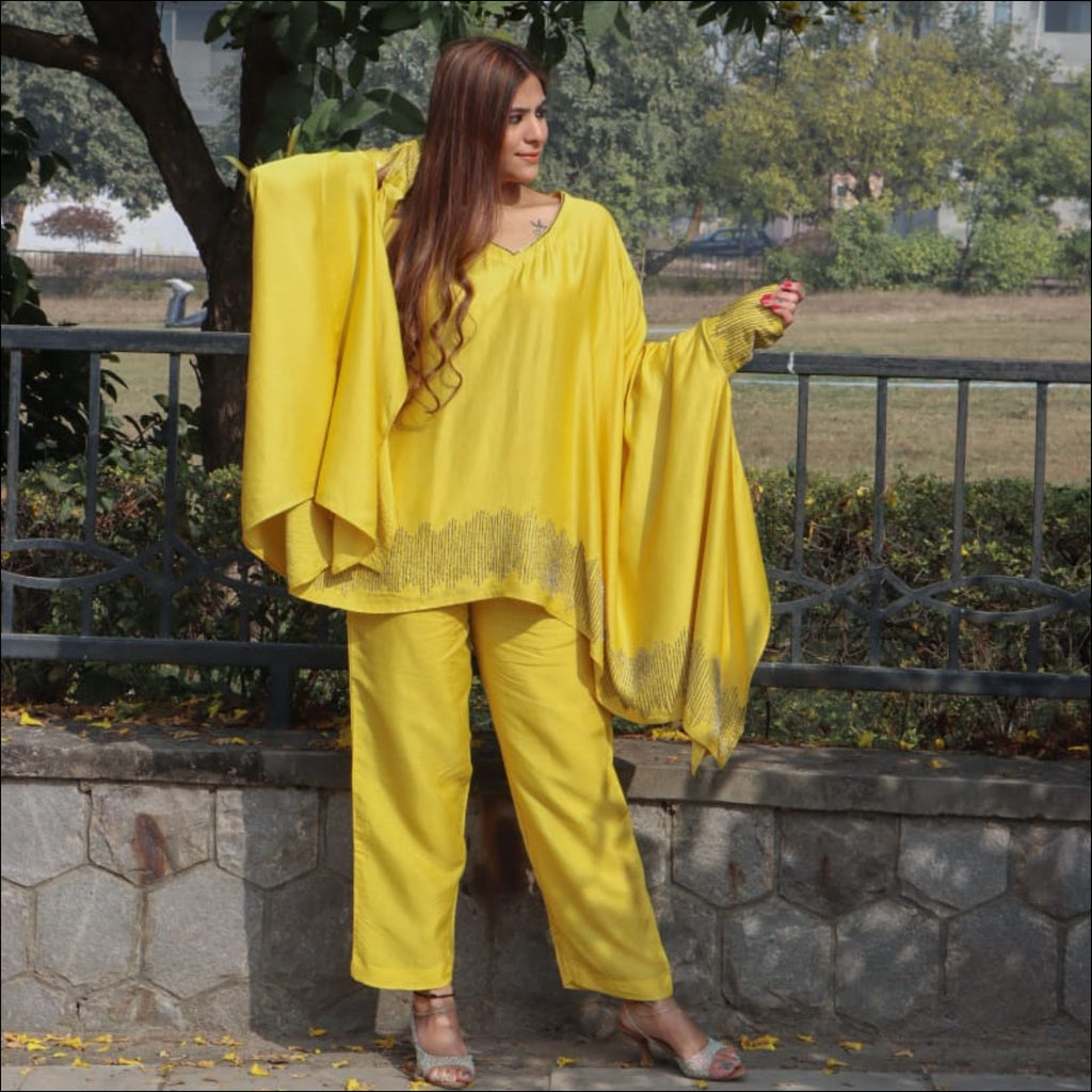Yellow Silk Indo Western Kaftan Set with Cut-Dana Work