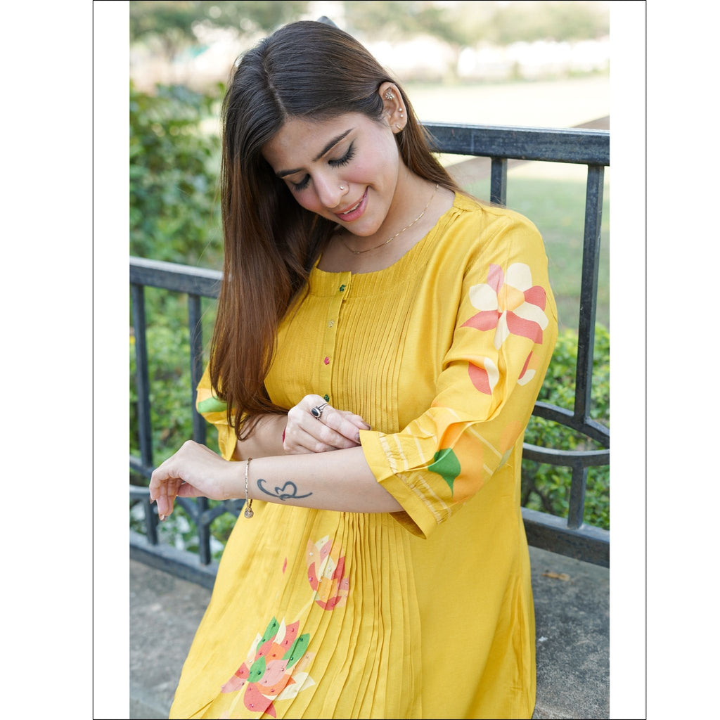 Sunshine Yellow Muslin Kurti with Floral Print & Pleated Design