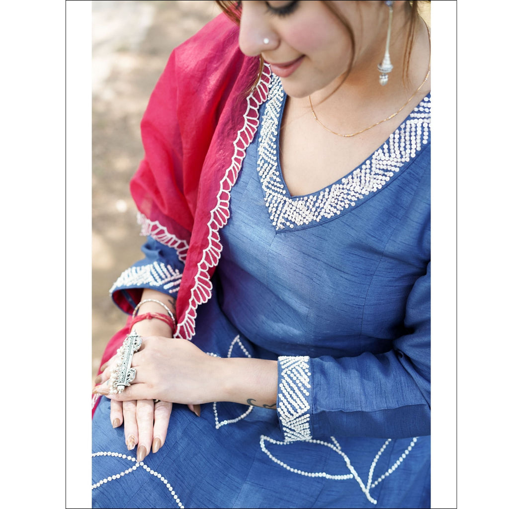 Blue Dupian Anarkali Suit with Organza Dupatta & Hand Embroidery