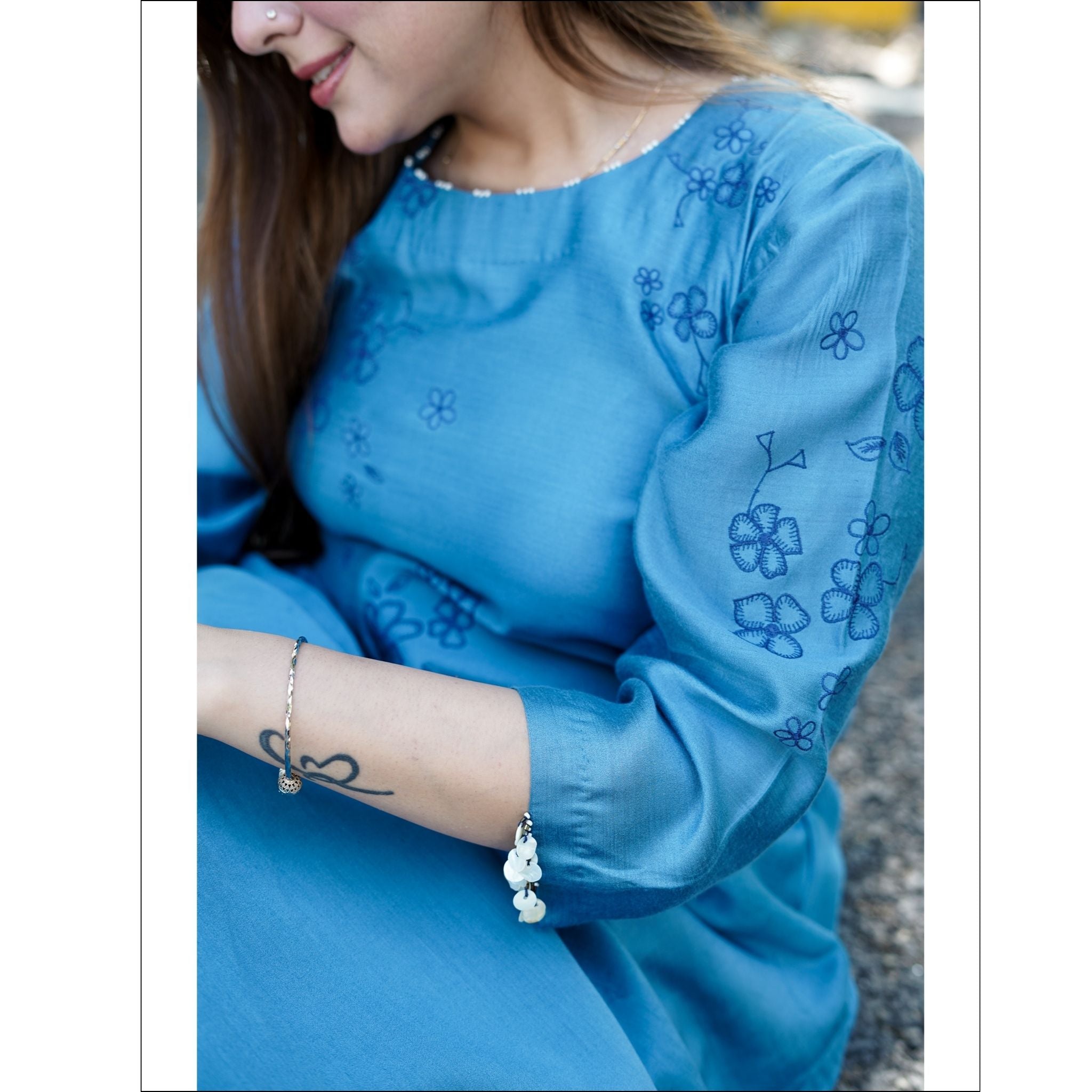Teal Blue Chanderi Asymmetrical Kurti Pant Set with Floral Embroidery