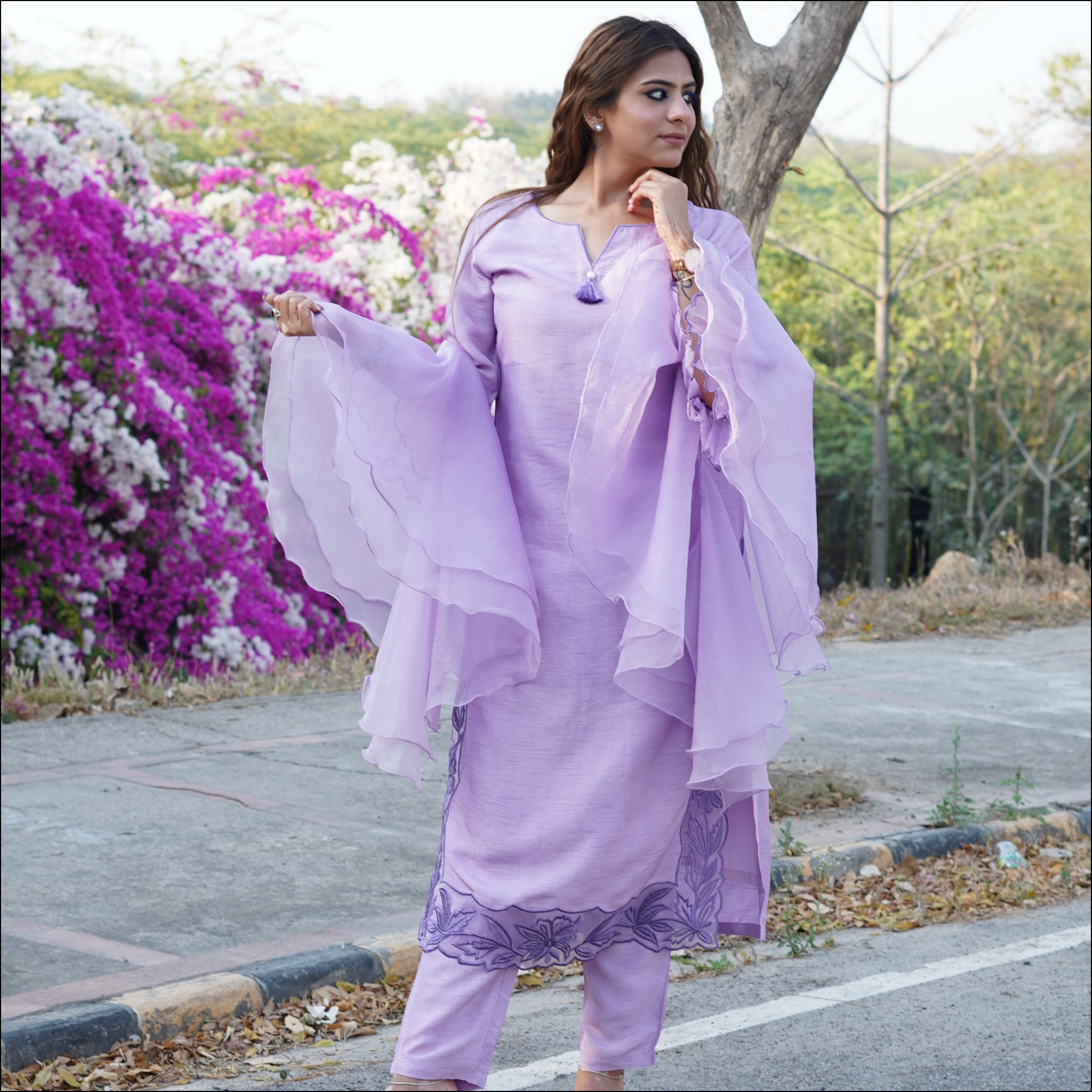 Dupion Silk Kurti Pant Set with Embroidered Organza Ruffled Dupatta