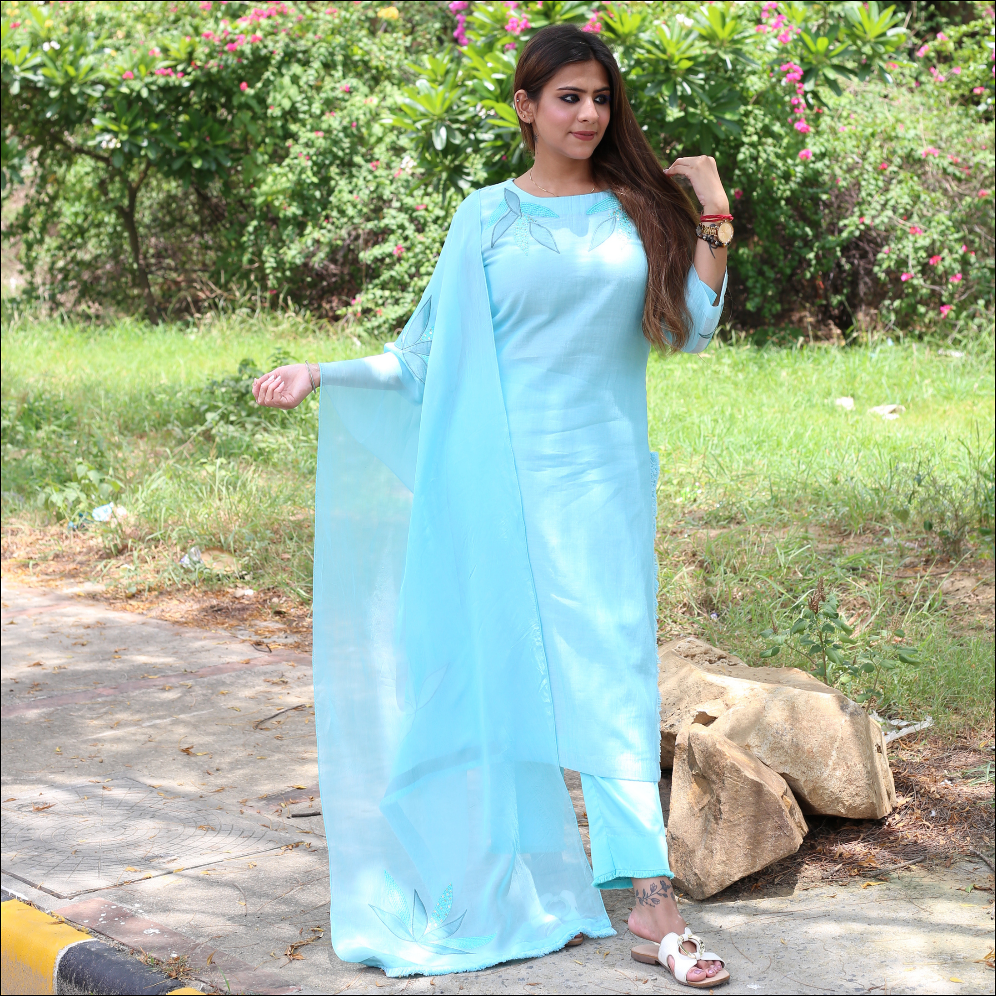 Ice Blue Suit Set with Organza Dupatta & Sequin Embroidery