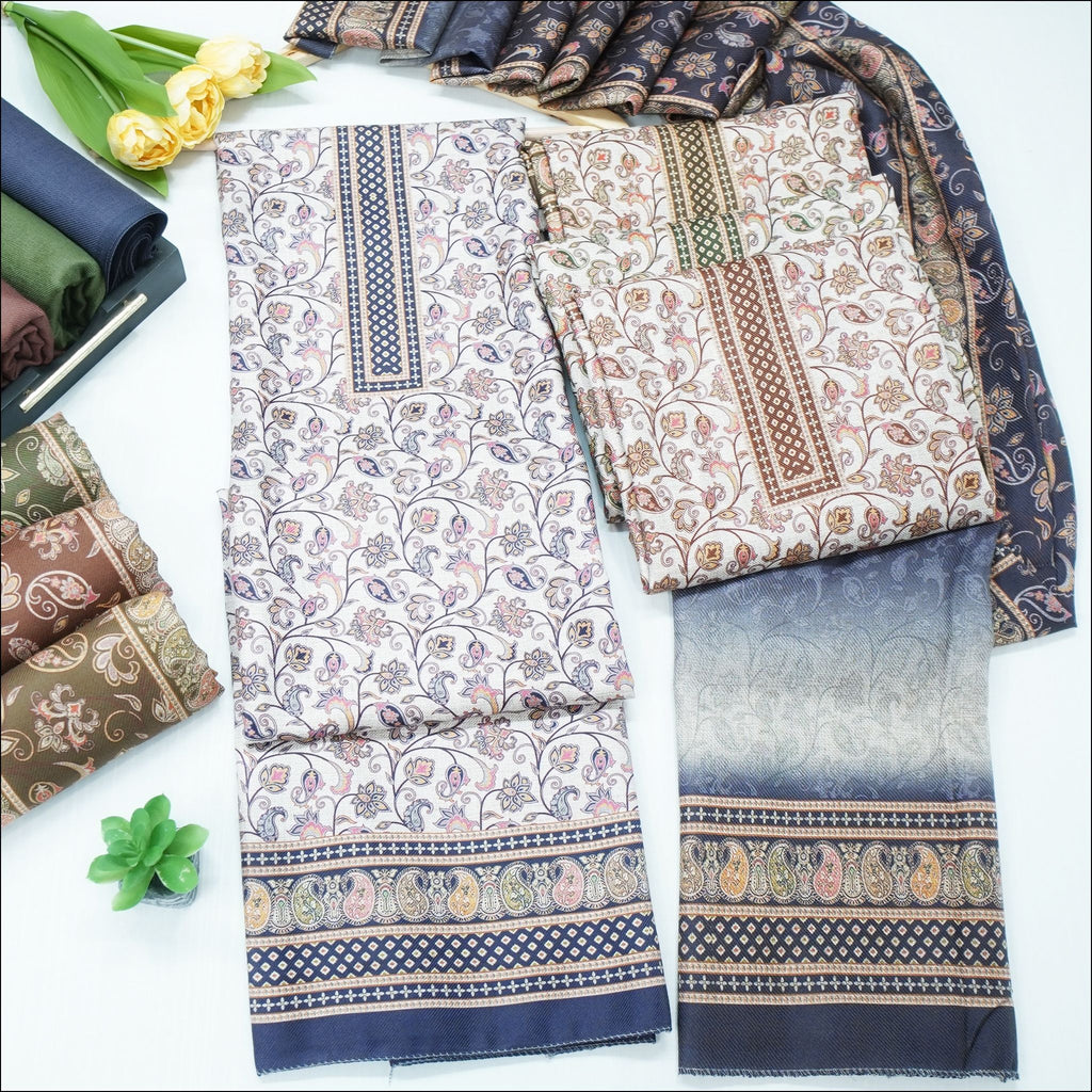 Green Brown Dark Blue Spun Unstitched Winter Suit Set