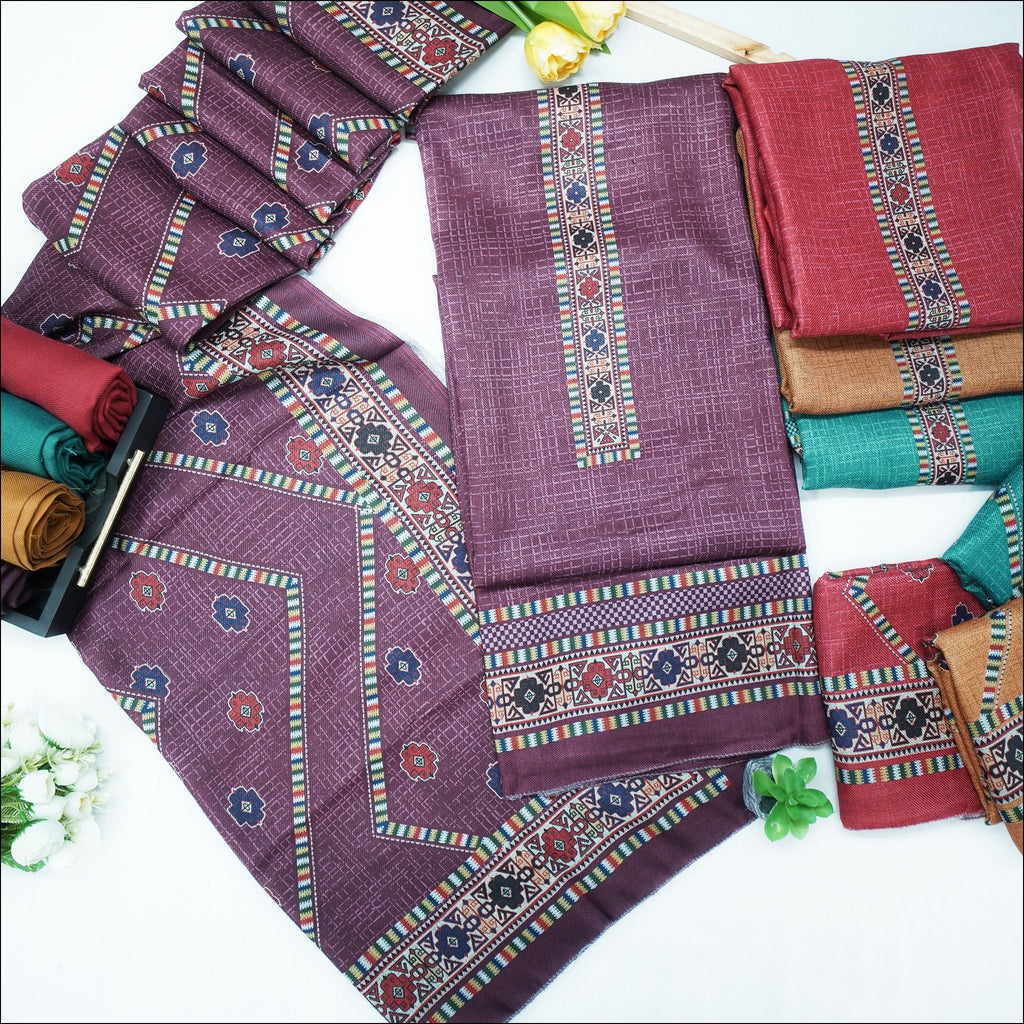 Red Maroon Brown Green Spun Unstitched Winter Suit Set