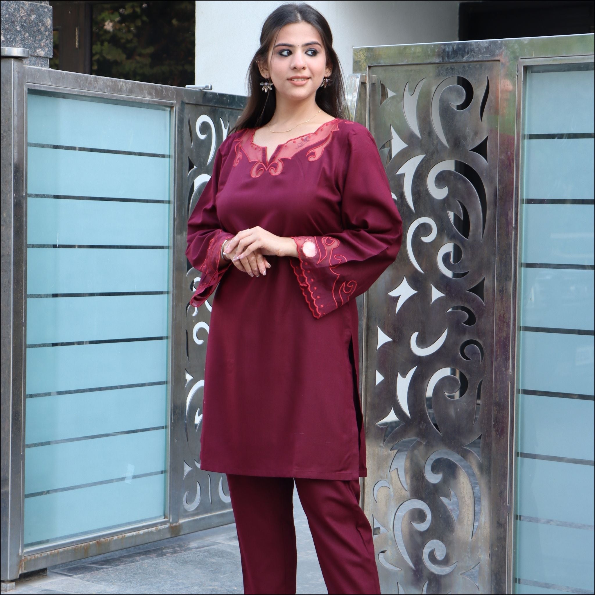 Brown Blue Maroon Wine Spun Co-ord Set with Organza Bell Sleeves