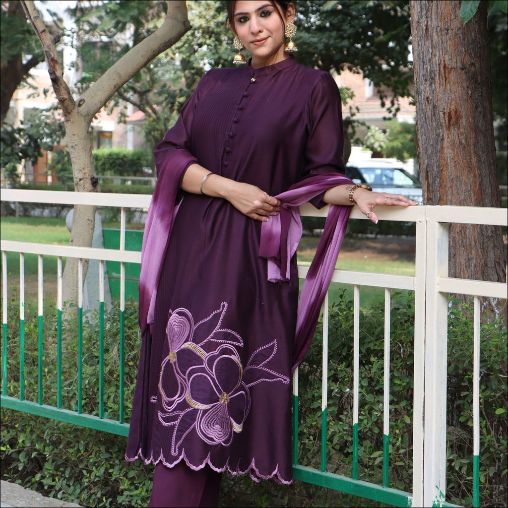 Chinese Collar A-Line Suit with Embroidered Motifs & Chiffon Dupatta