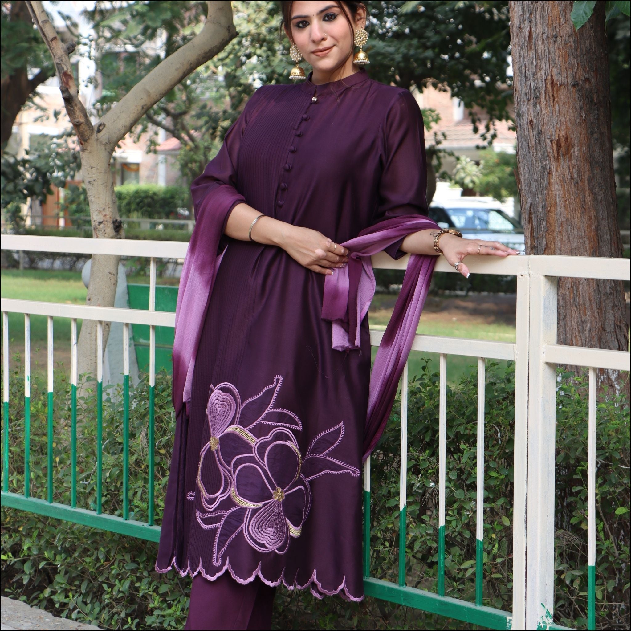 Chinese Collar A-Line Suit with Embroidered Motifs & Chiffon Dupatta