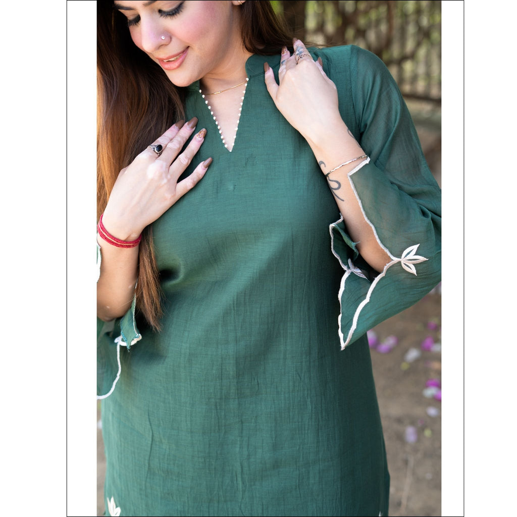 Olive Green Mul Cotton Customized Co-ord Set with Embroidered Leaf Motifs