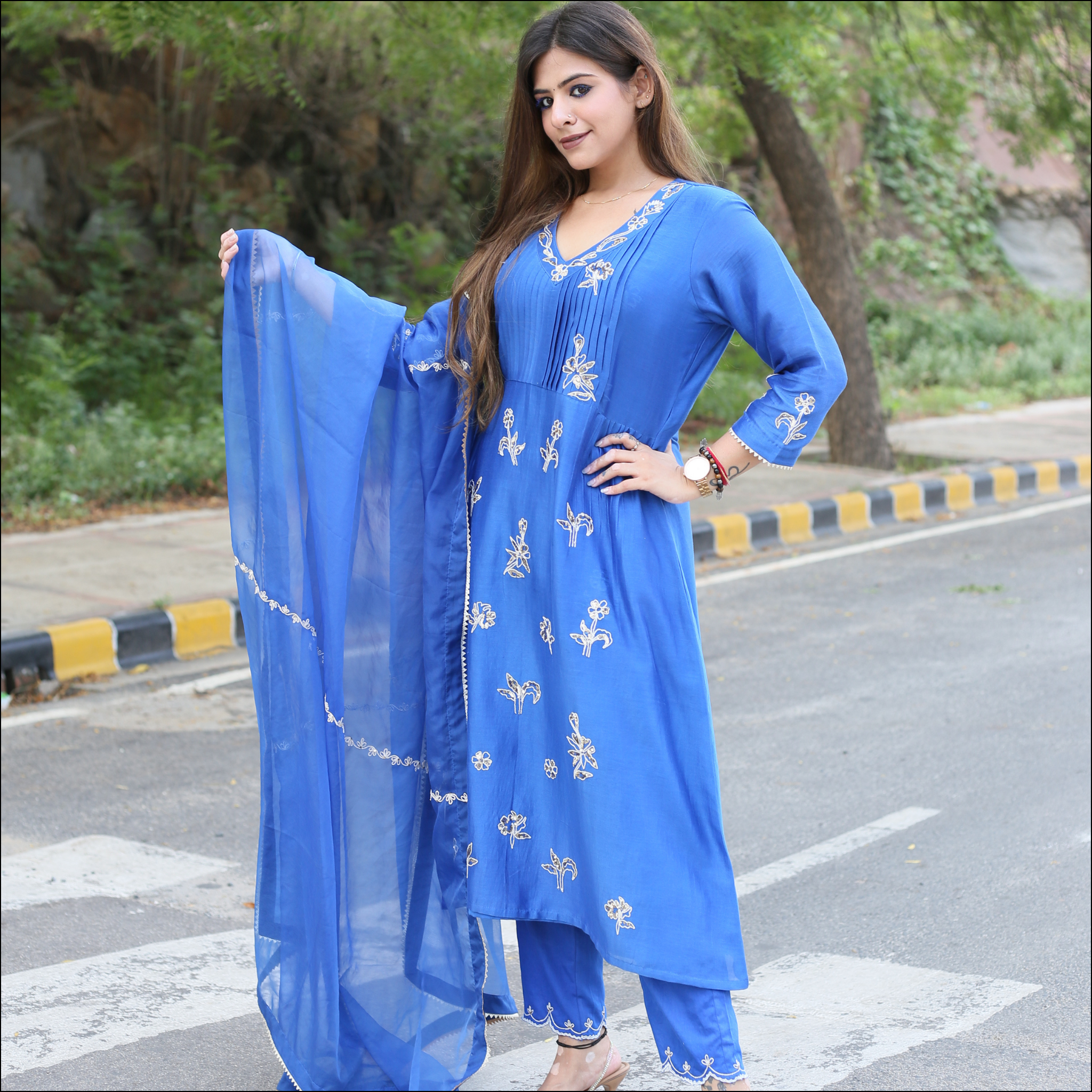 Blue Chanderi Suit with Embroidered Organza Dupatta