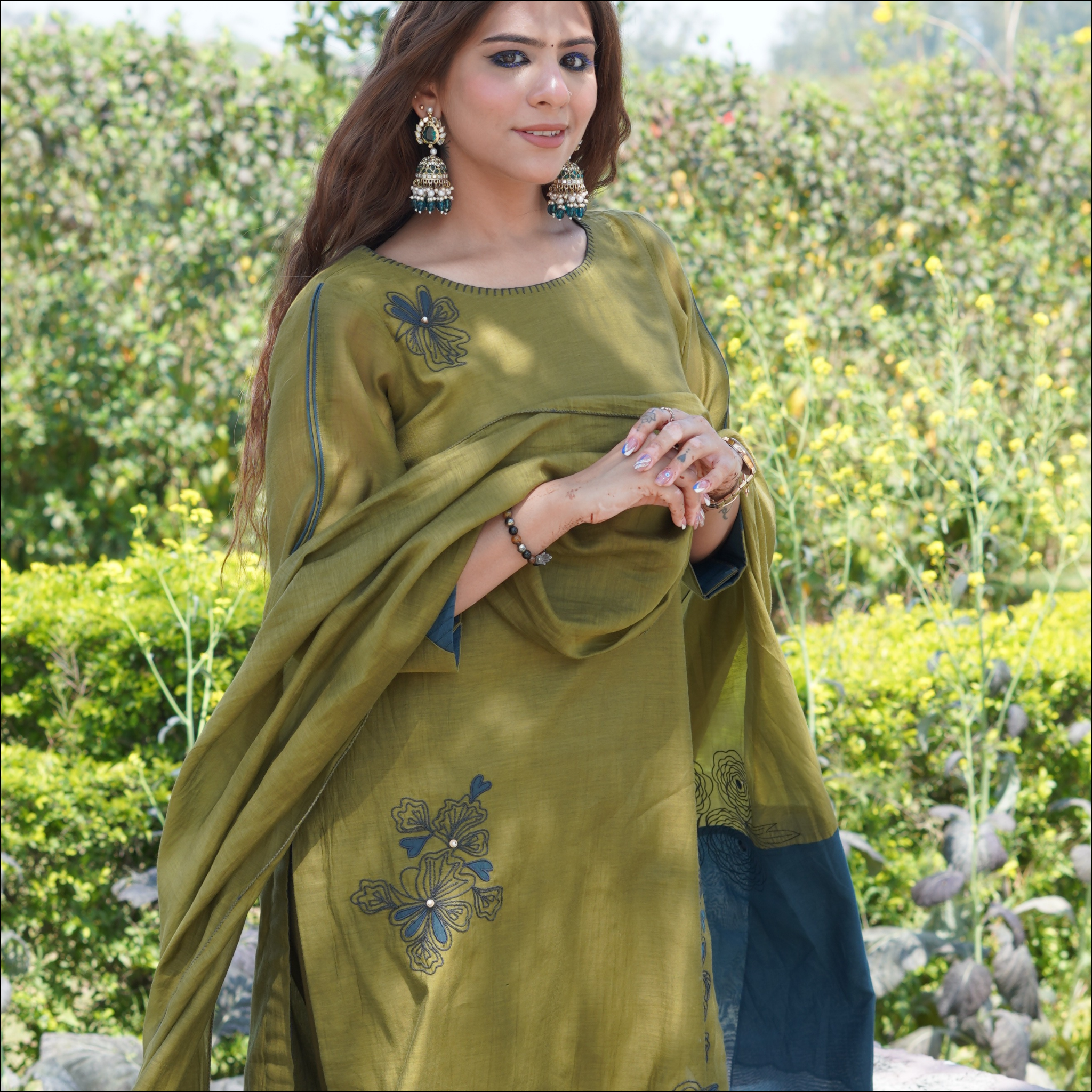 Suit Set with Dori Work & Double-Color Embroidered Dupatta