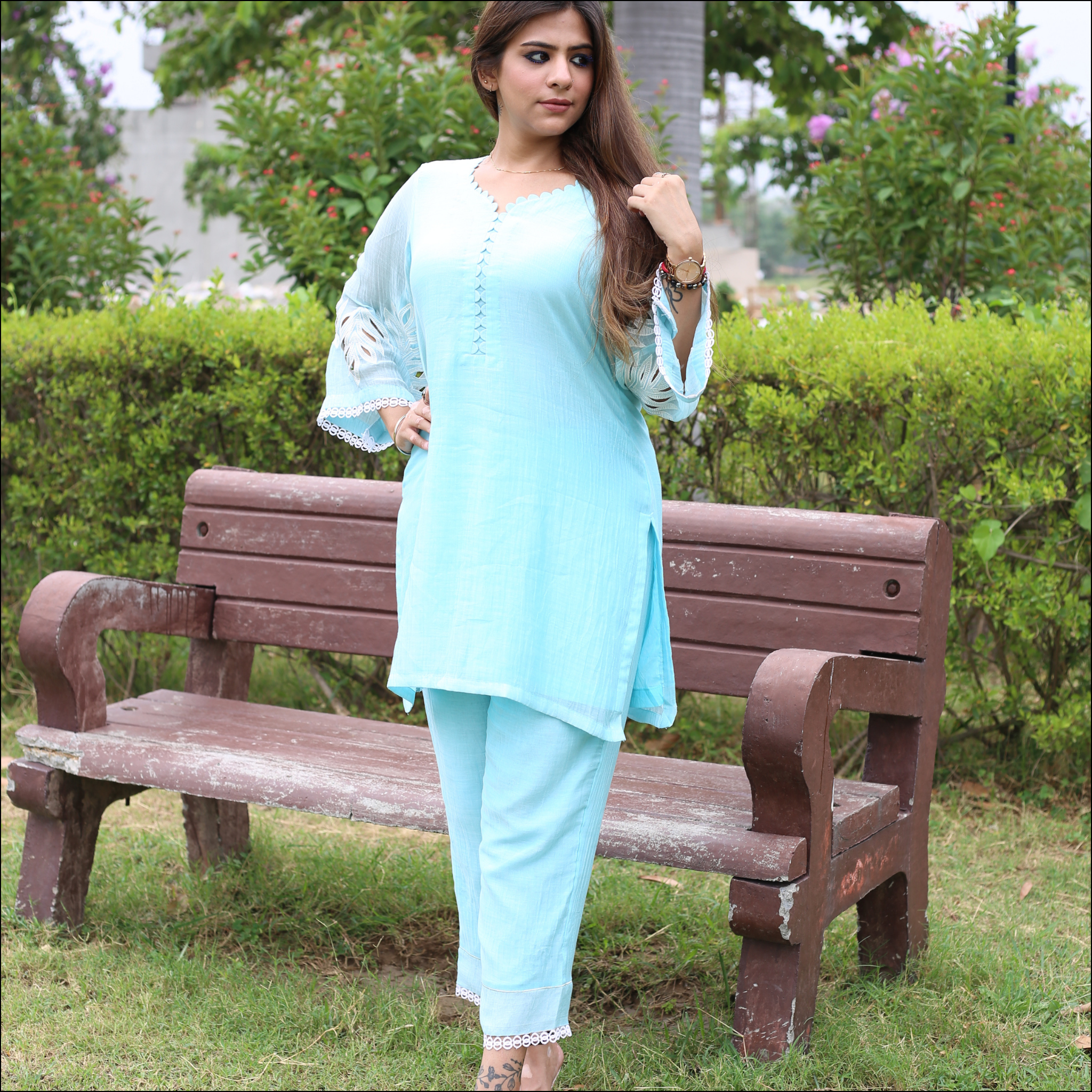 Ice Blue Mul Cotton Co-ord Set with Embroidery & Lace Detailing