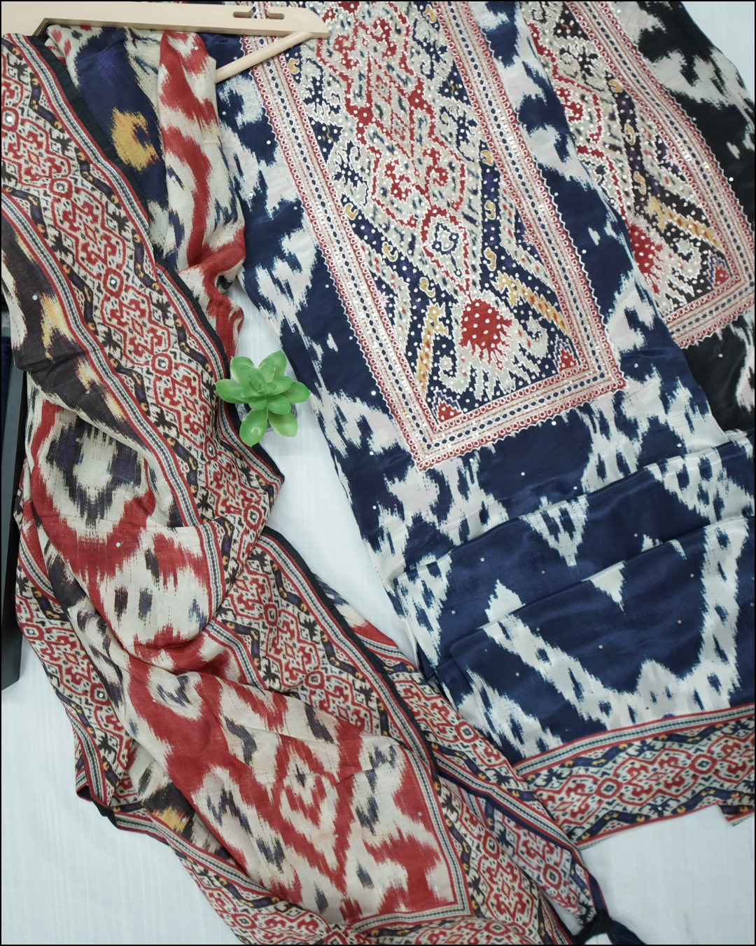 Unstitched Crepe Suit Set with Zari Work & Bold Print Dupatta