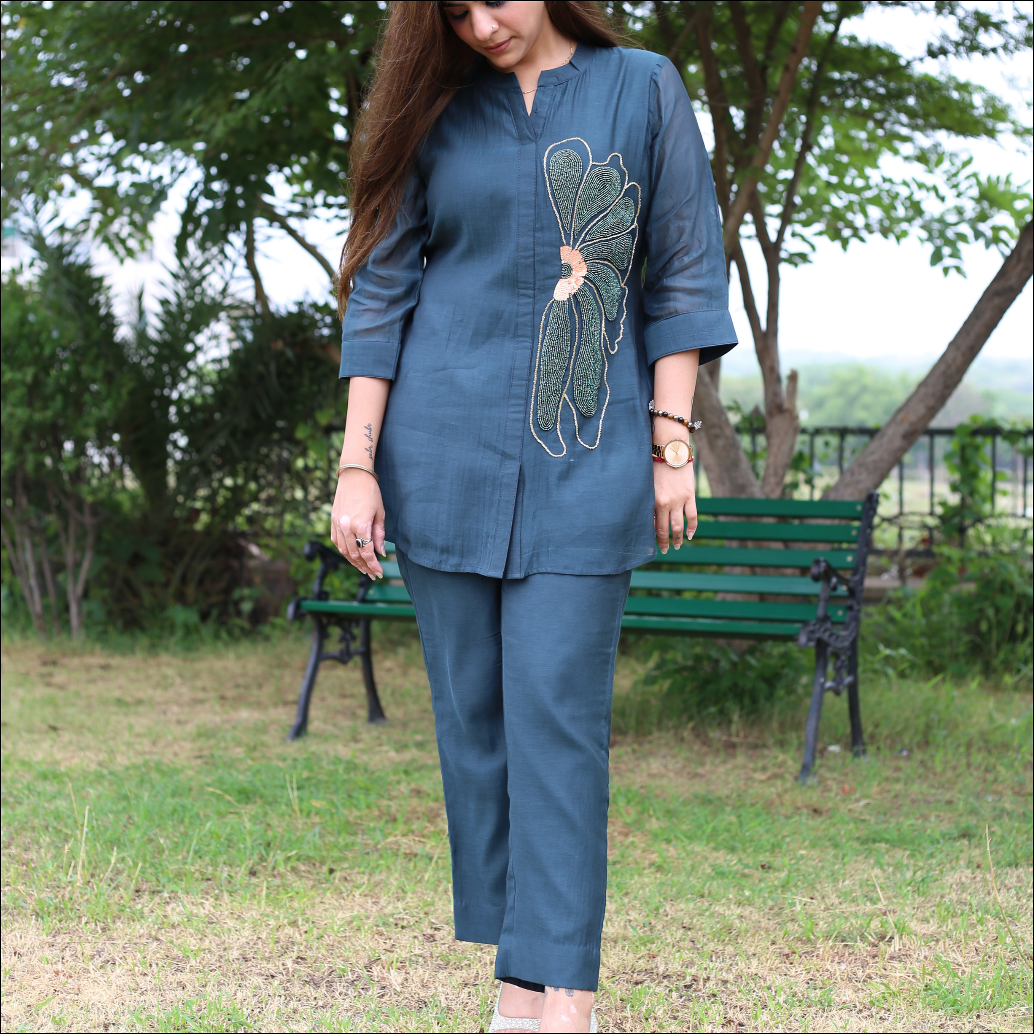 Deep Teal Green Mul Cotton Co-ord Set with Pearl & Hand Embroidery