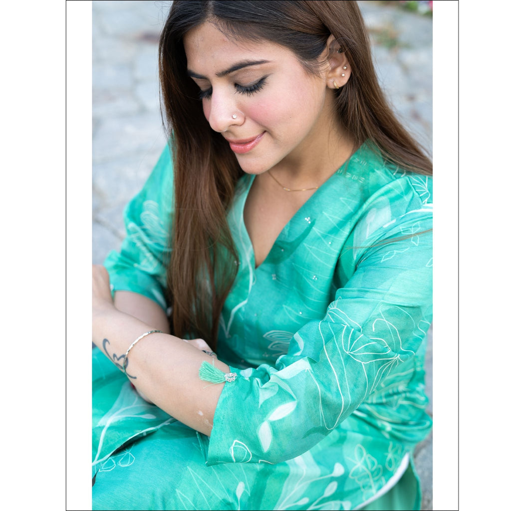Mint Green Muslin Kurti with Botanical Print & V-Neck