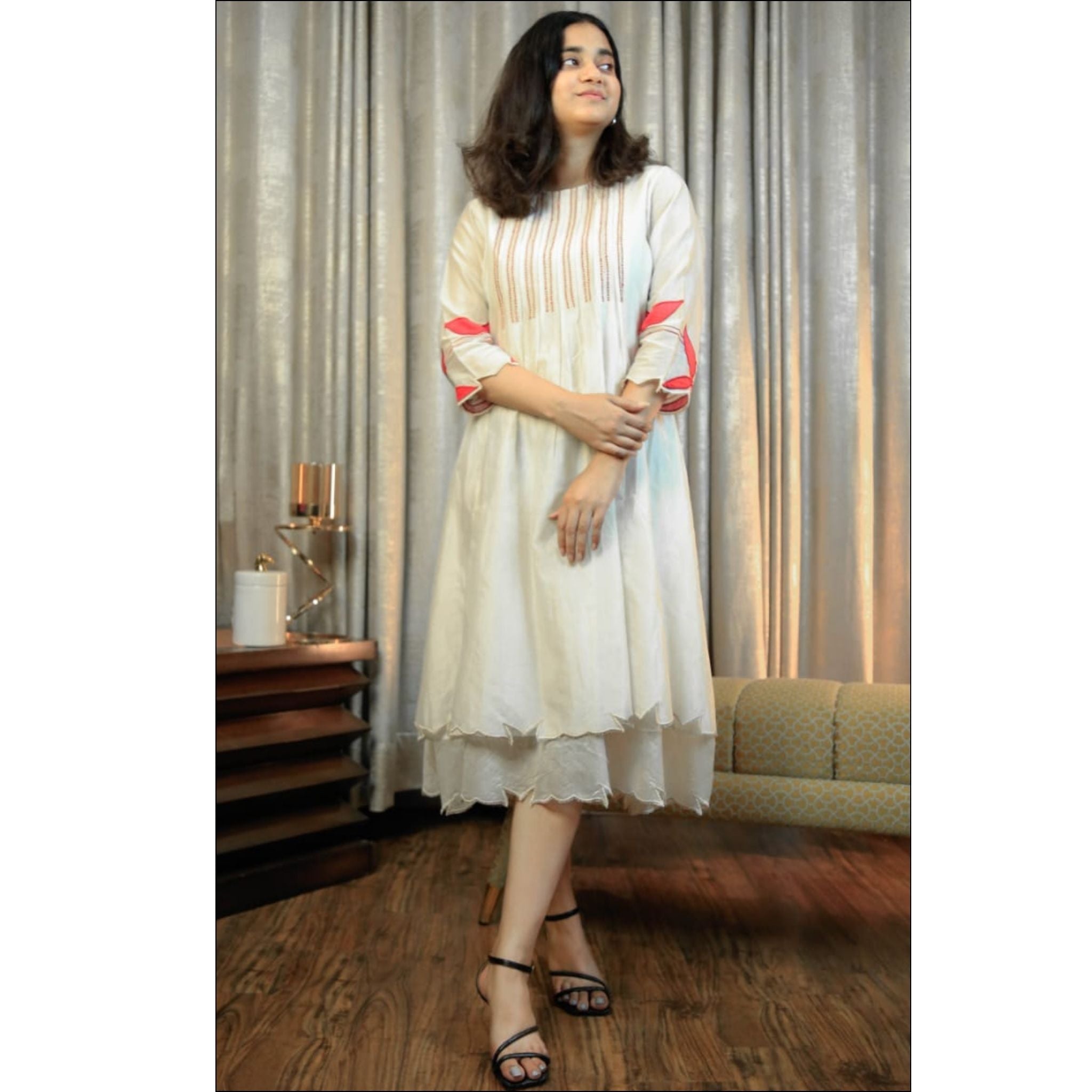Pink Orange Chanderi Cotton Ombre Dress with Applique & Pleated Detailing