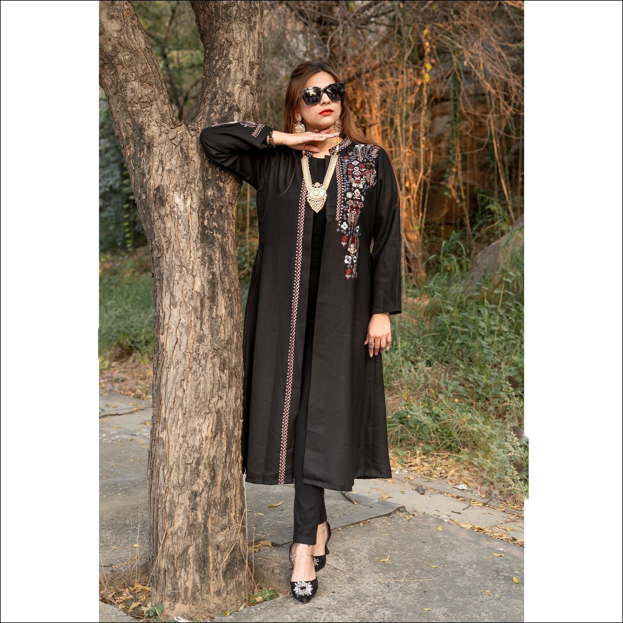 Black Spun Long Winter Coat with Heavy Colourful Embroidery