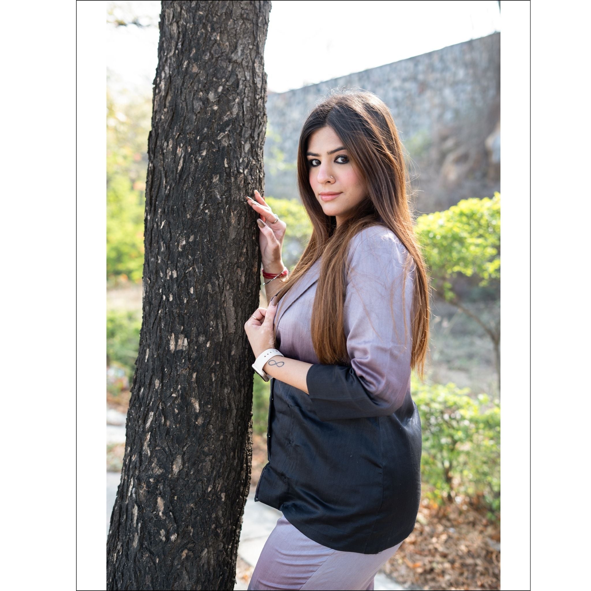 Deep Charcoal Black Cotton Chanderi Ombre Co-ord Set with Blazer Collar