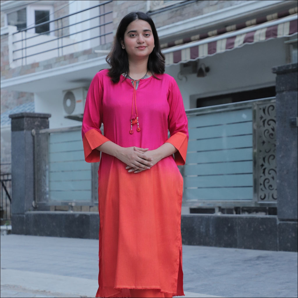 Ombre Dupian Silk Kurti Pant Set with Boat Neck & Tassels