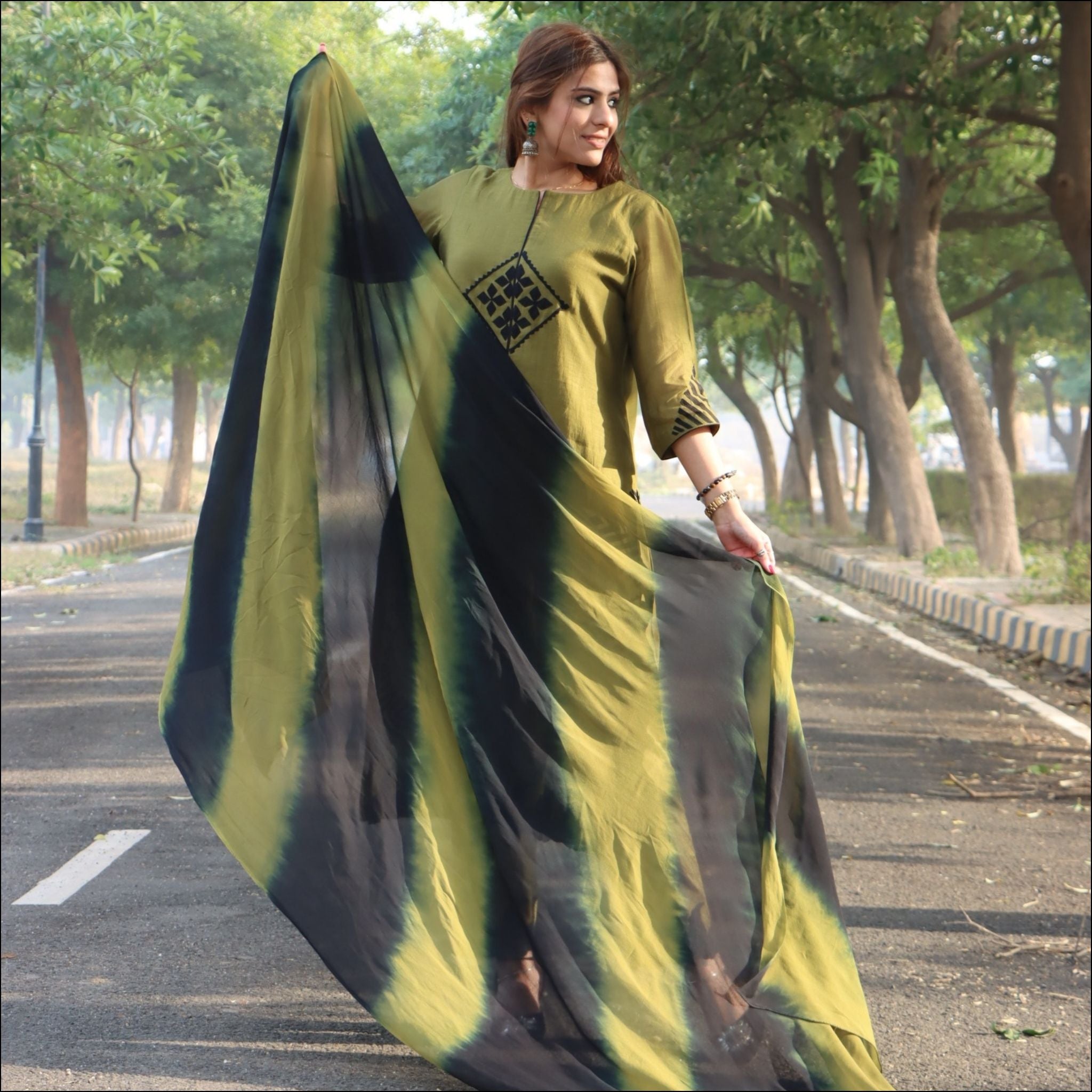 Mehendi Green Malai Cotton Suit with Applique Work & Shaded Dupatta