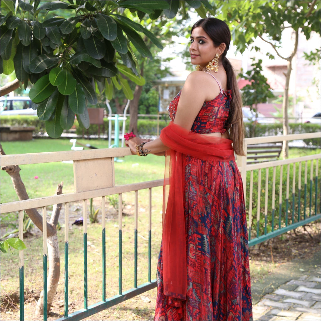 Muslin Flared Plazo Set with Strap Blouse & Handwork Net Dupatta