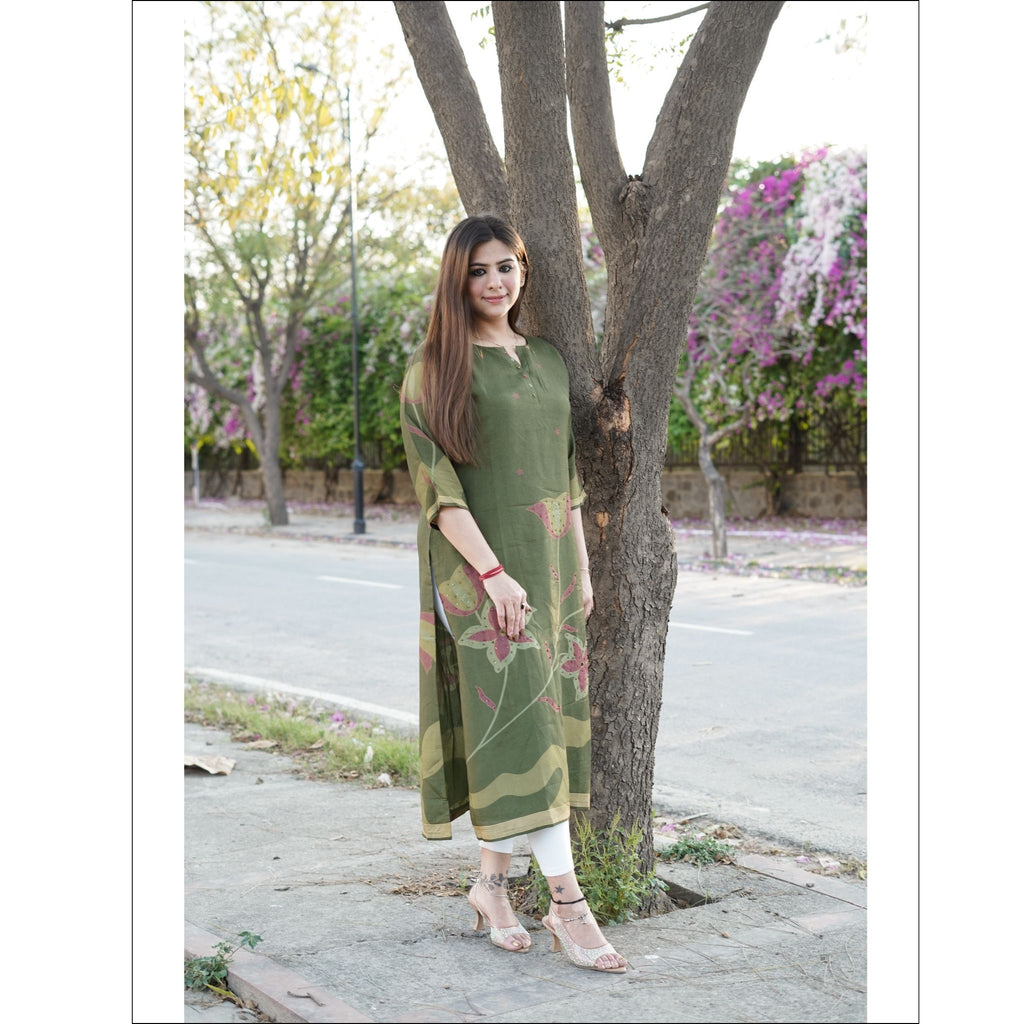 Olive Green Muslin Kurti with Floral Motifs & Designer Buttons