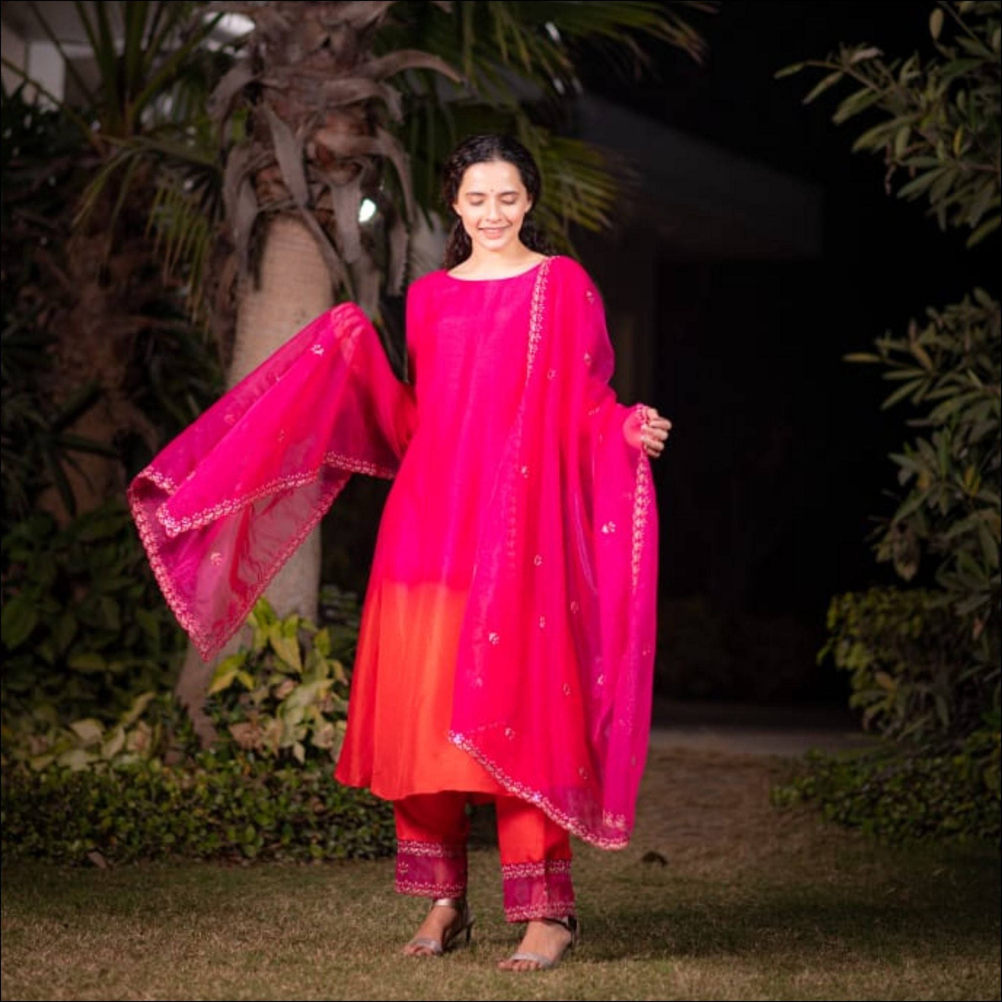 Pink Dupian Silk Ombre Suit Set with Gotta Patti & Organza Dupatta