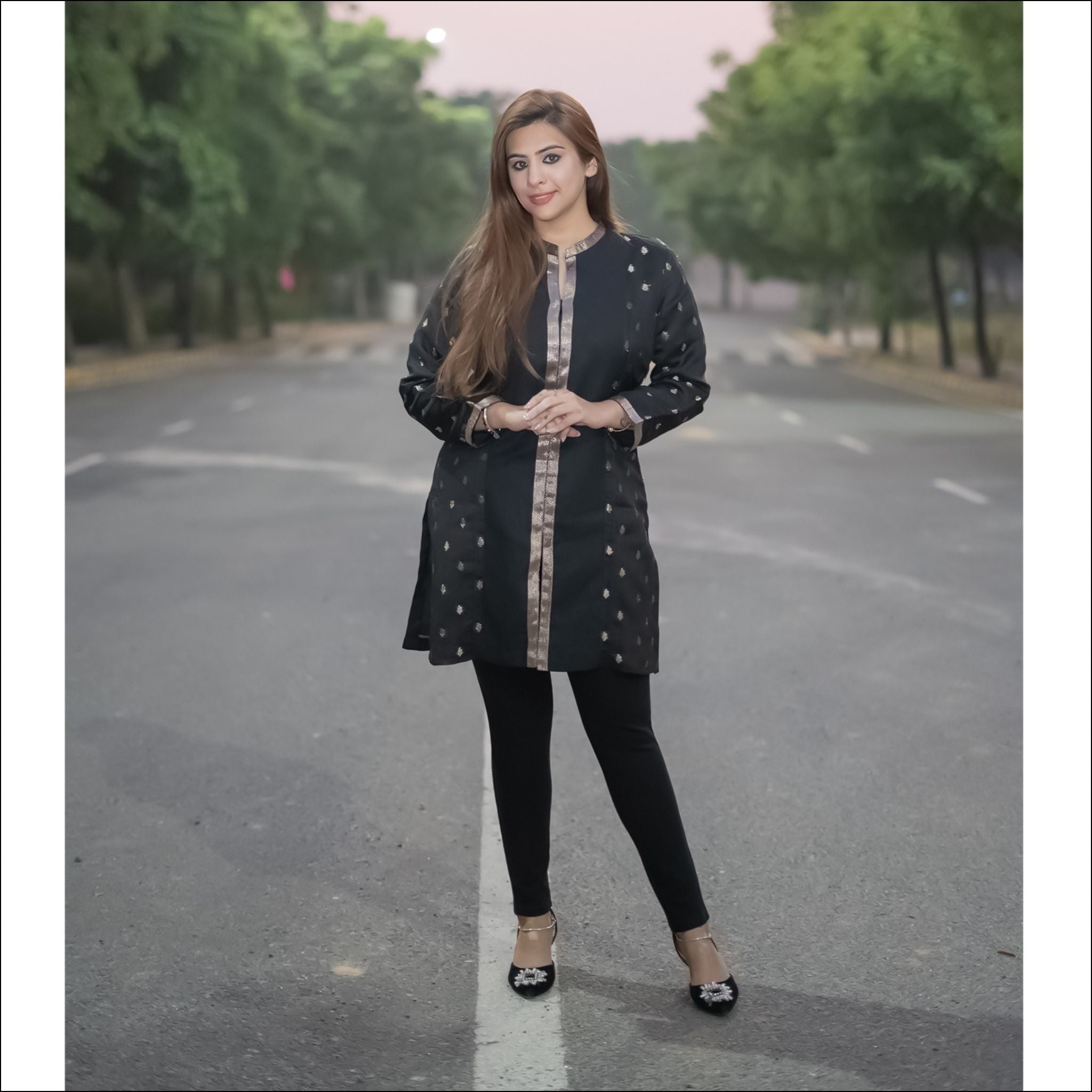 Black Silk Tunic Dress with Silver Zari Weaving & Border