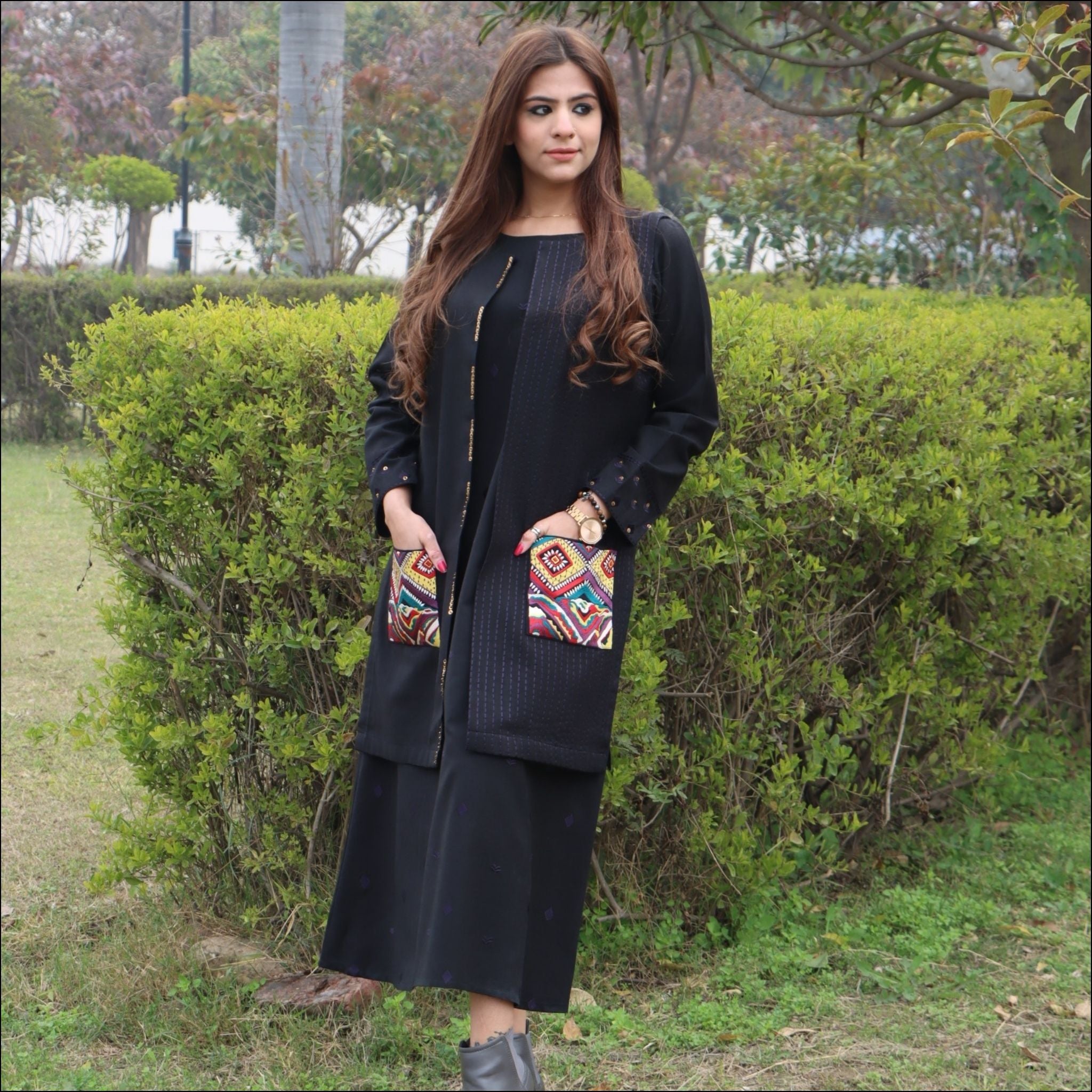 Black Spun Long A-Line Kurti with Embroidered Jacket
