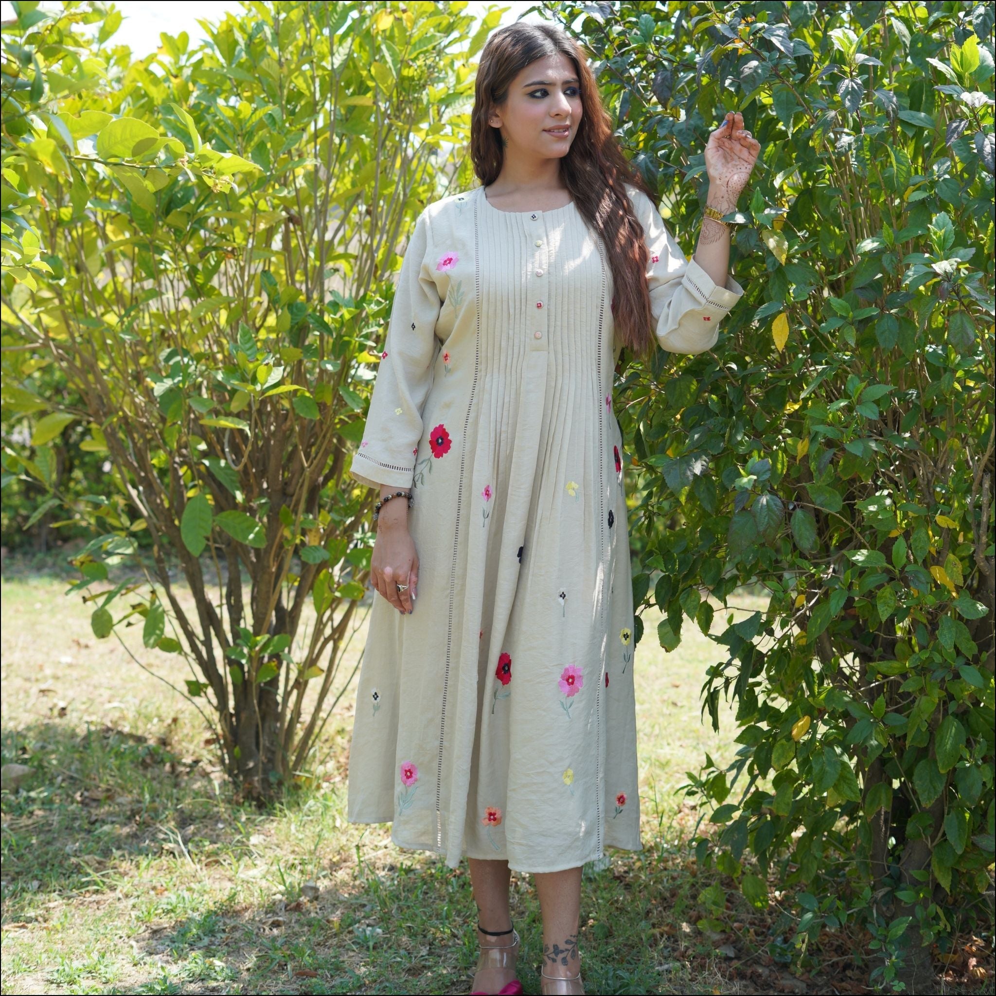 Beige Cotton Silk Pleated Dress with Floral Embroidery & Lace