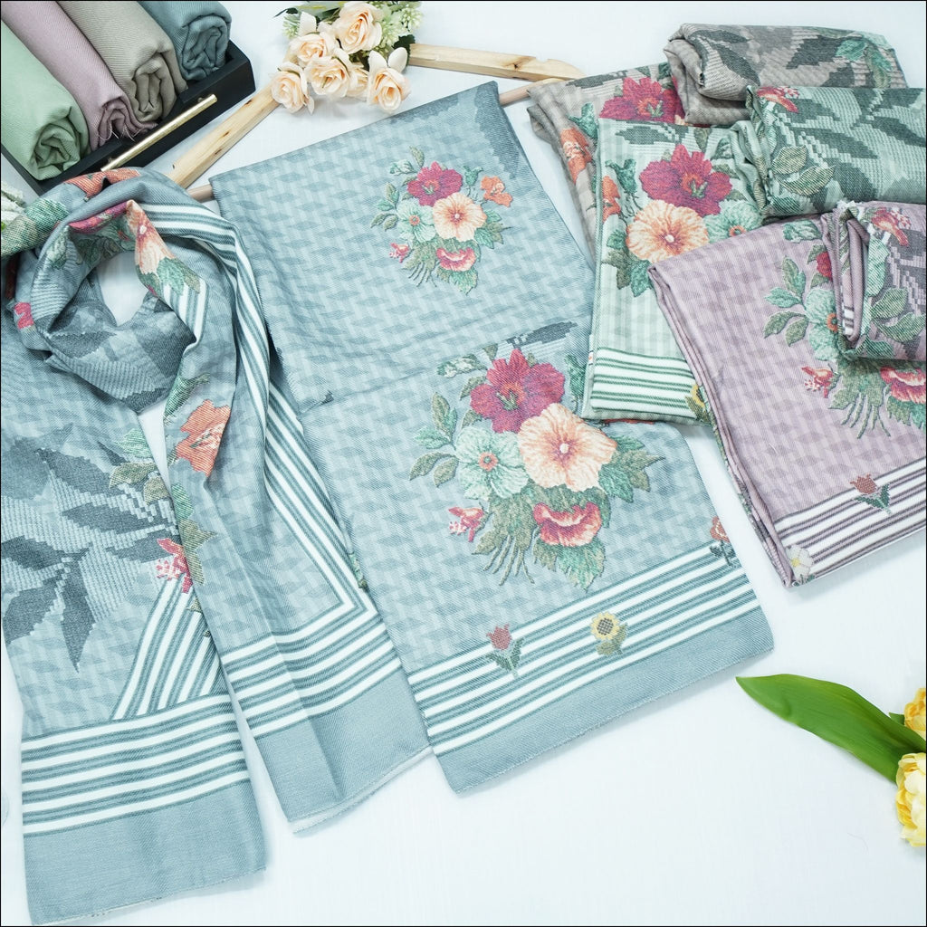 Light Blue Purple Lavender Green Spun Unstitched Winter Suit Set